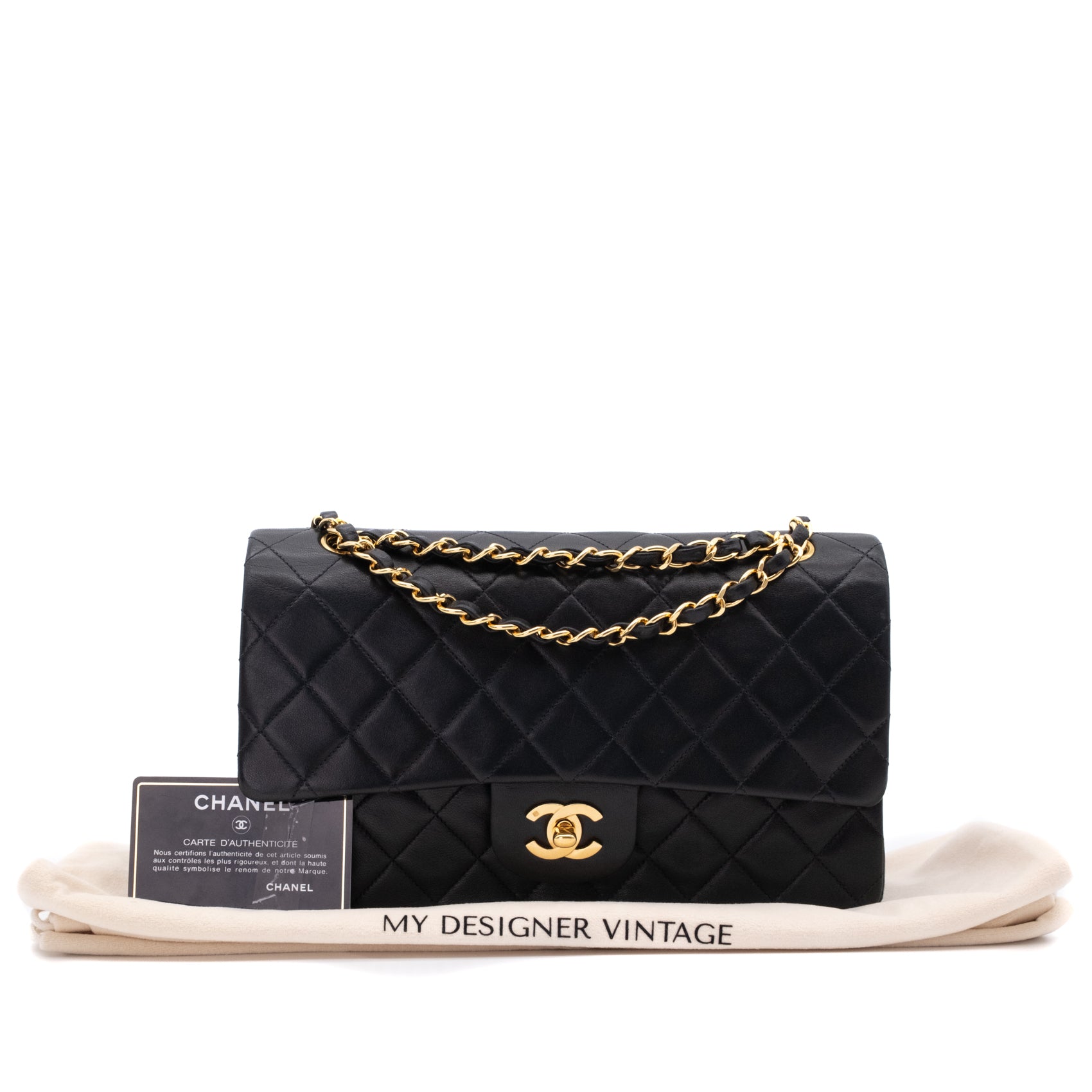 Vintage Chanel Classic Double Flap Bag in Medium Größe aus schwarzem Lammleder mit 24 Karat vergoldeter Hardware Full Set