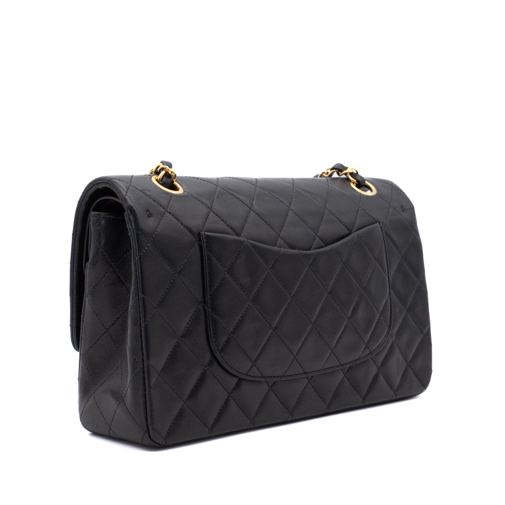 Vintage Chanel Classic Double Flap Bag in Medium Größe aus schwarzem Lammleder mit 24 Karat vergoldeter Hardware Rückseite