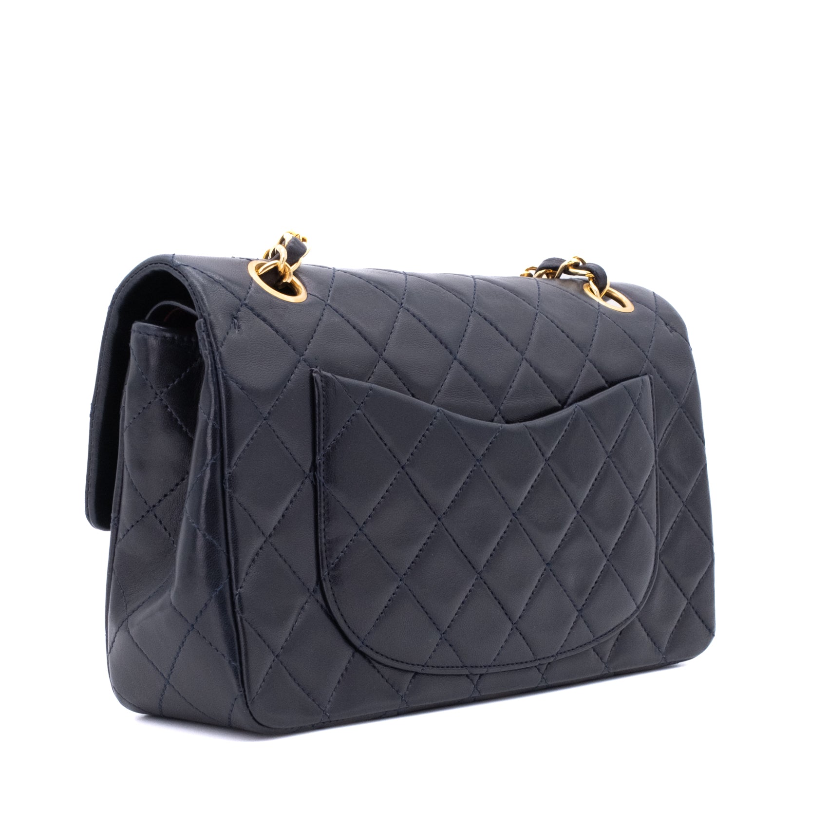 Vintage Chanel Classic Double Flap Bag in kleiner Größe aus dunkelblauem Lammleder mit 24 Karat vergoldeter Hardware Rückseite