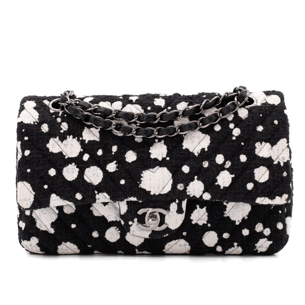 Chanel Classic Double Flap Medium Chevron Tweed Paint Splatter Black White