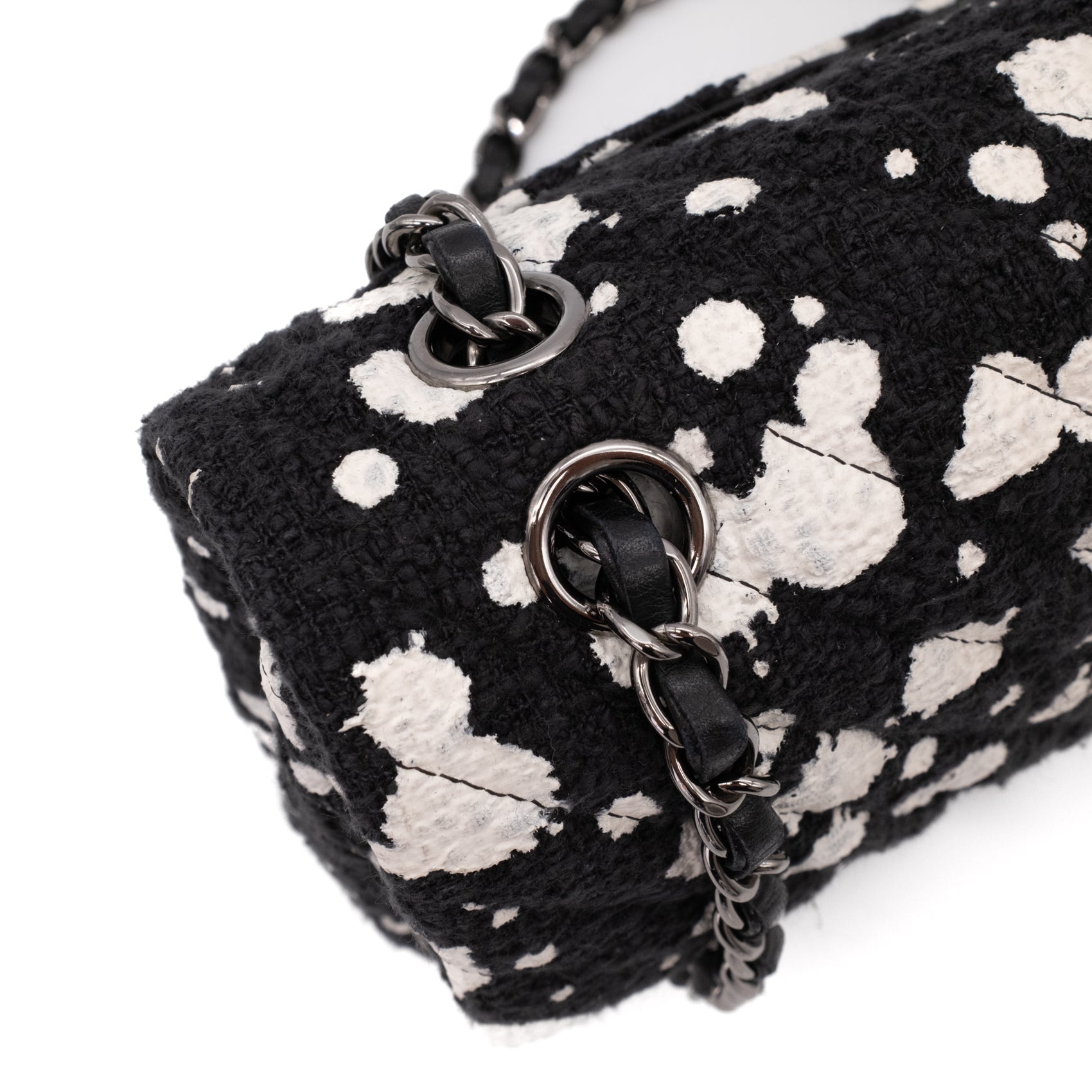 Chanel Classic Double Flap Medium Chevron Tweed Paint Splatter Black White