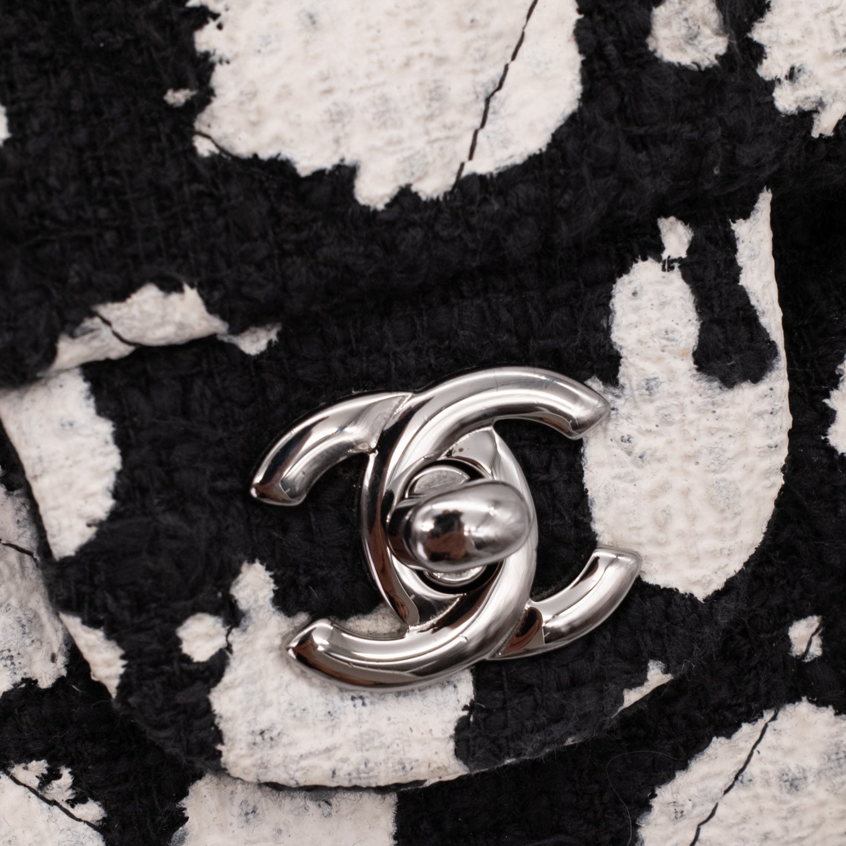 Chanel Classic Double Flap Medium Chevron Tweed Paint Splatter Black White
