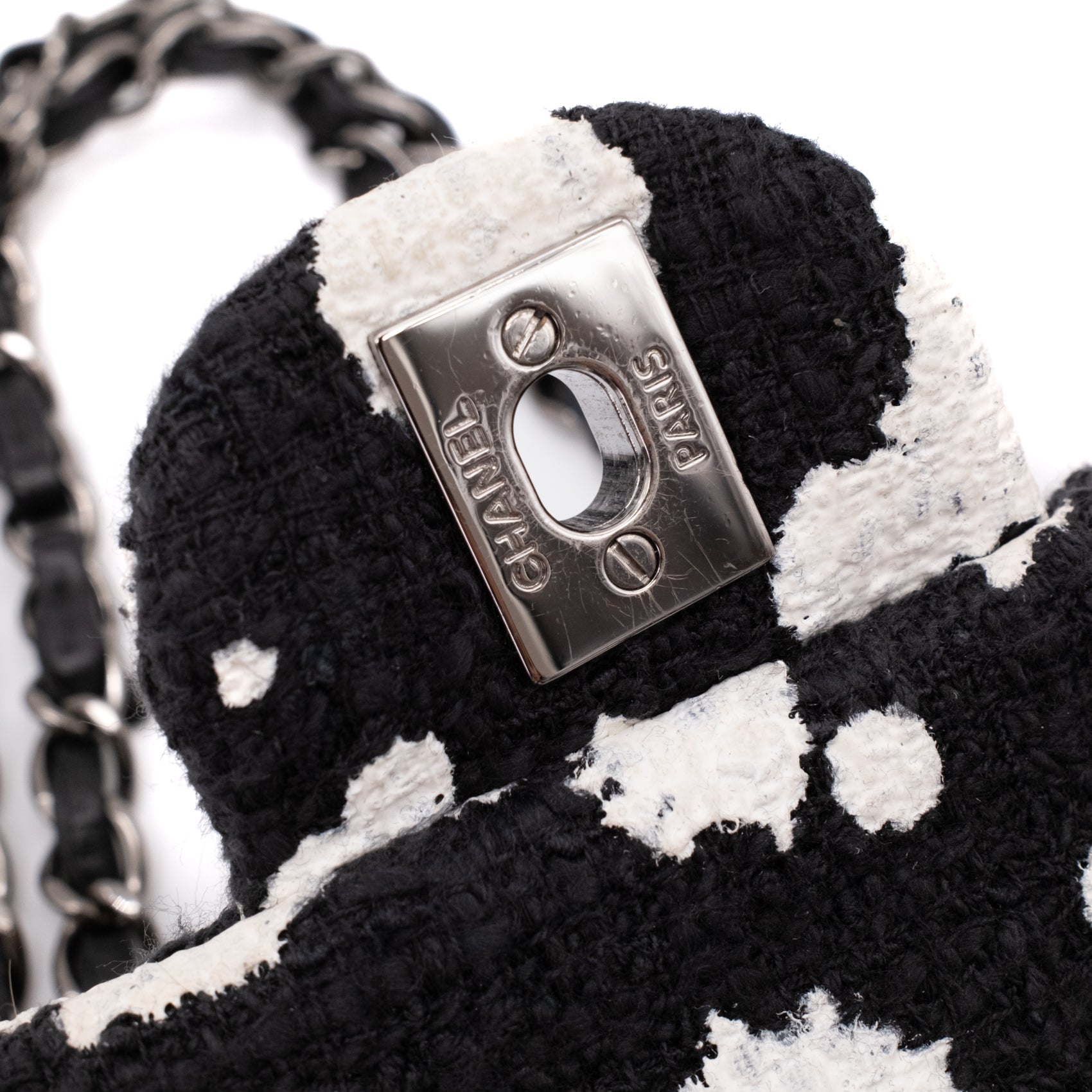 Chanel Classic Double Flap Medium Chevron Tweed Paint Splatter Black White