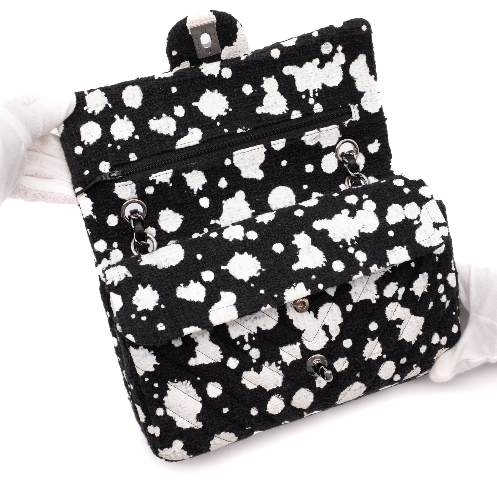 Chanel Classic Double Flap Medium Chevron Tweed Paint Splatter Black White