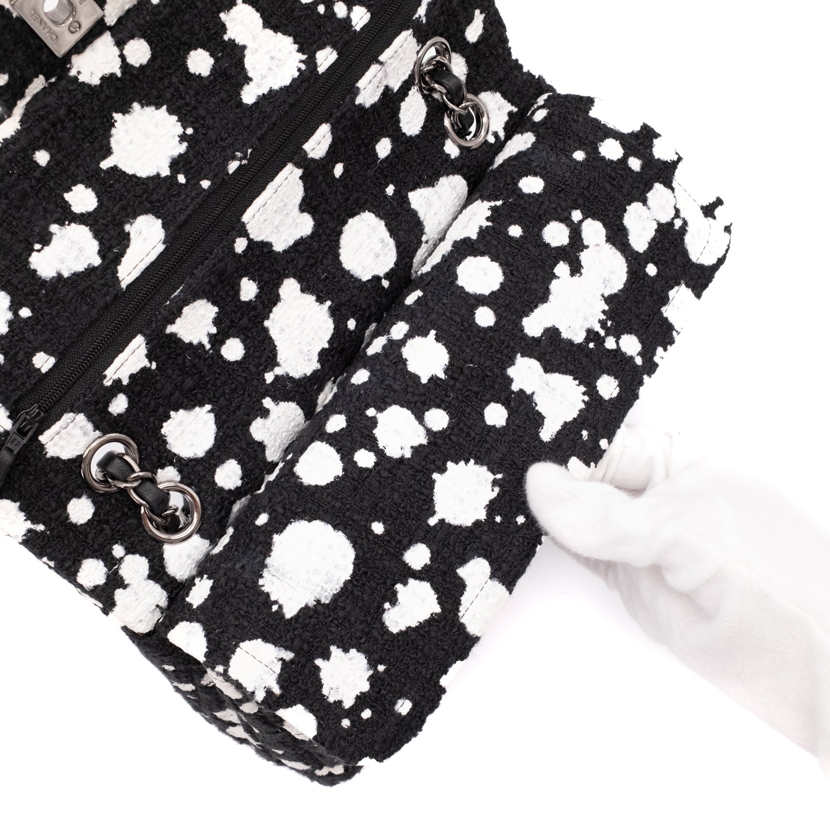Chanel Classic Double Flap Medium Chevron Tweed Paint Splatter Black White