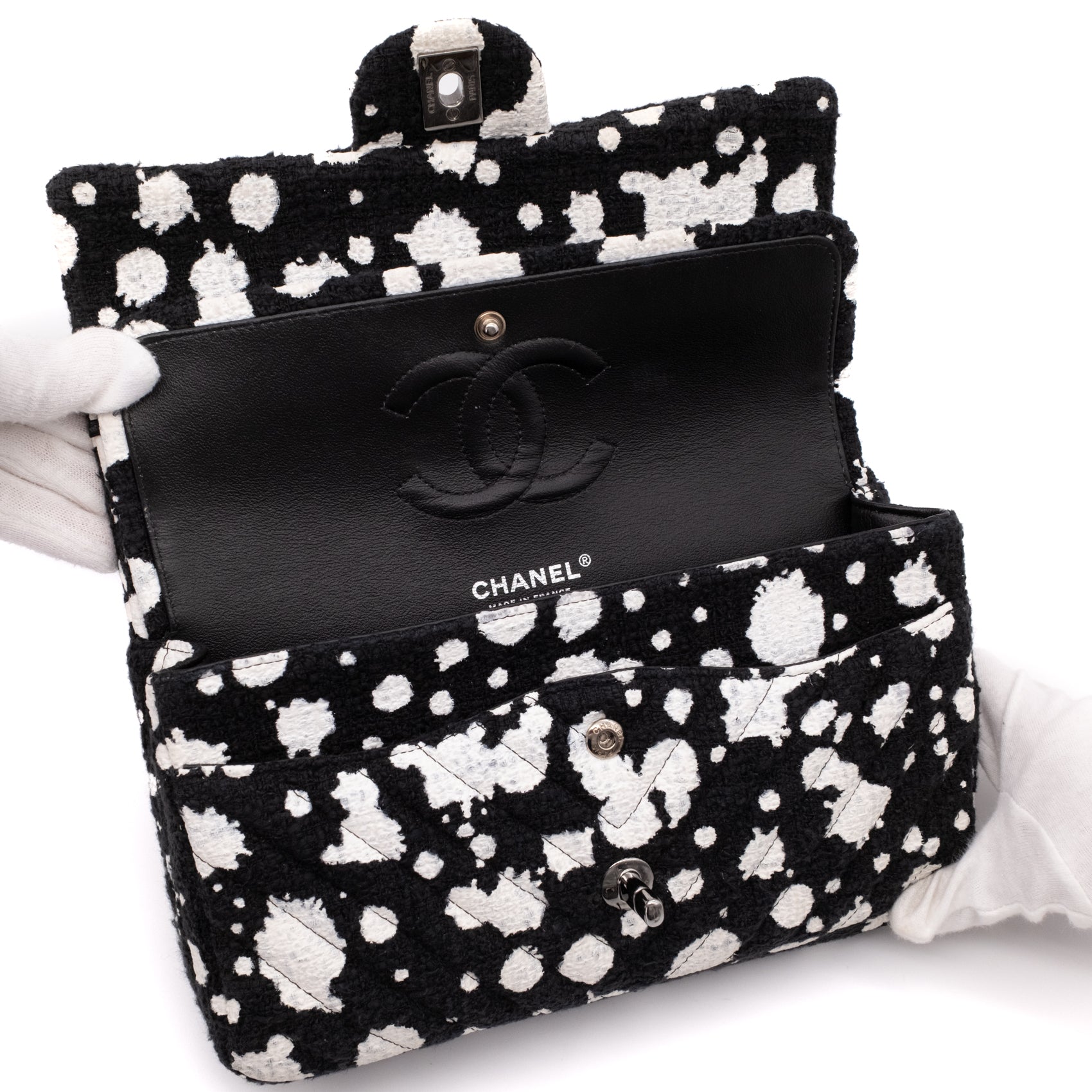Chanel Classic Double Flap Medium Chevron Tweed Paint Splatter Black White