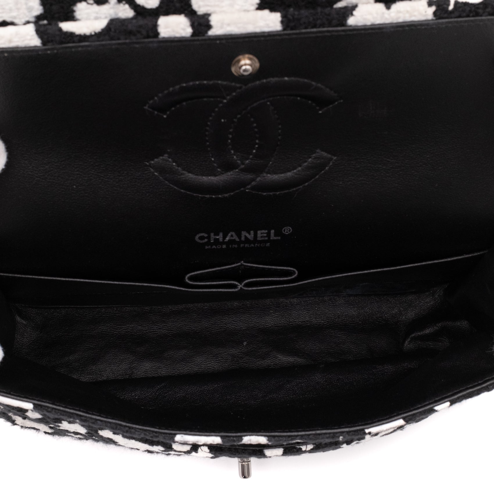 Chanel Classic Double Flap Medium Chevron Tweed Paint Splatter Black White