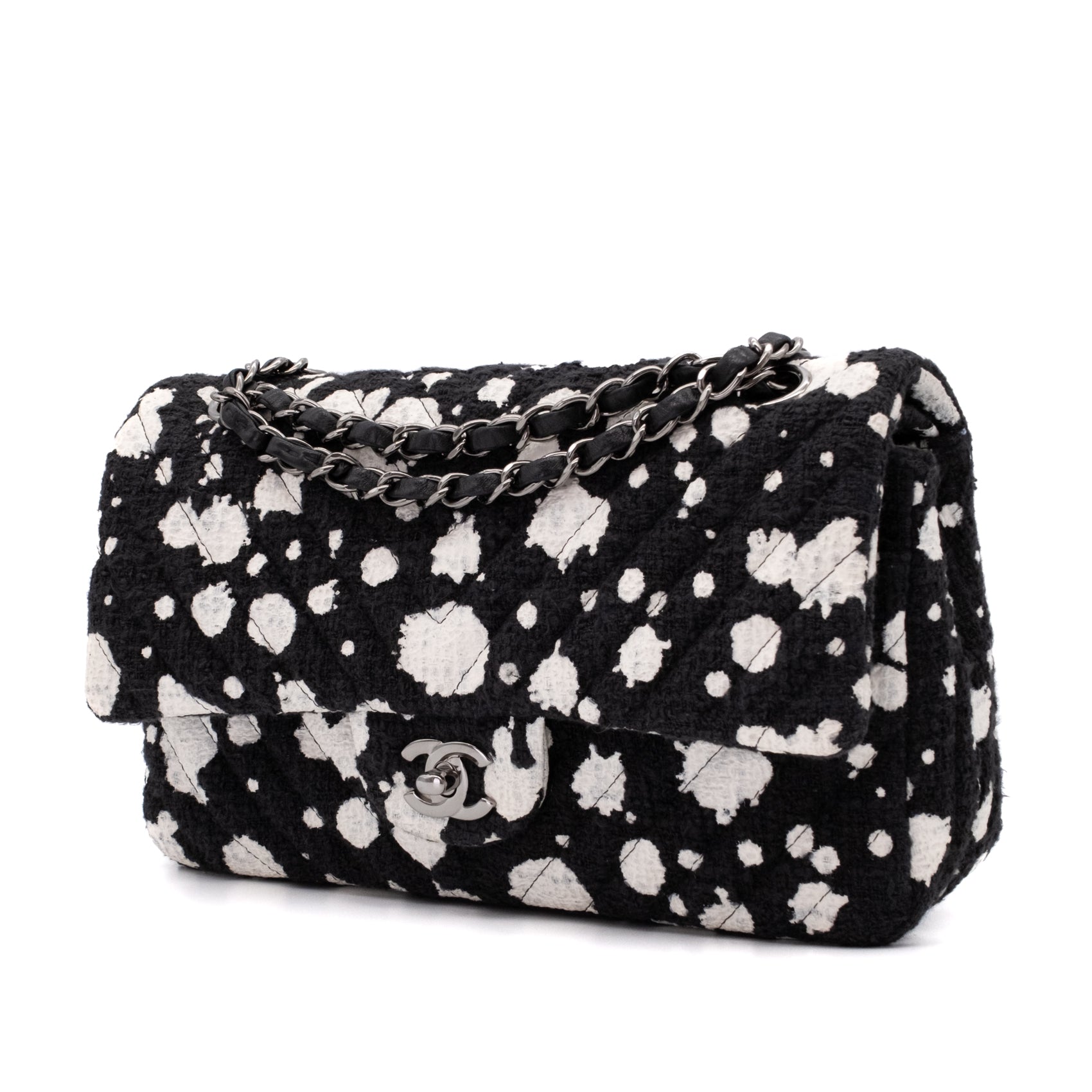 Chanel Classic Double Flap Medium Chevron Tweed Paint Splatter Black White