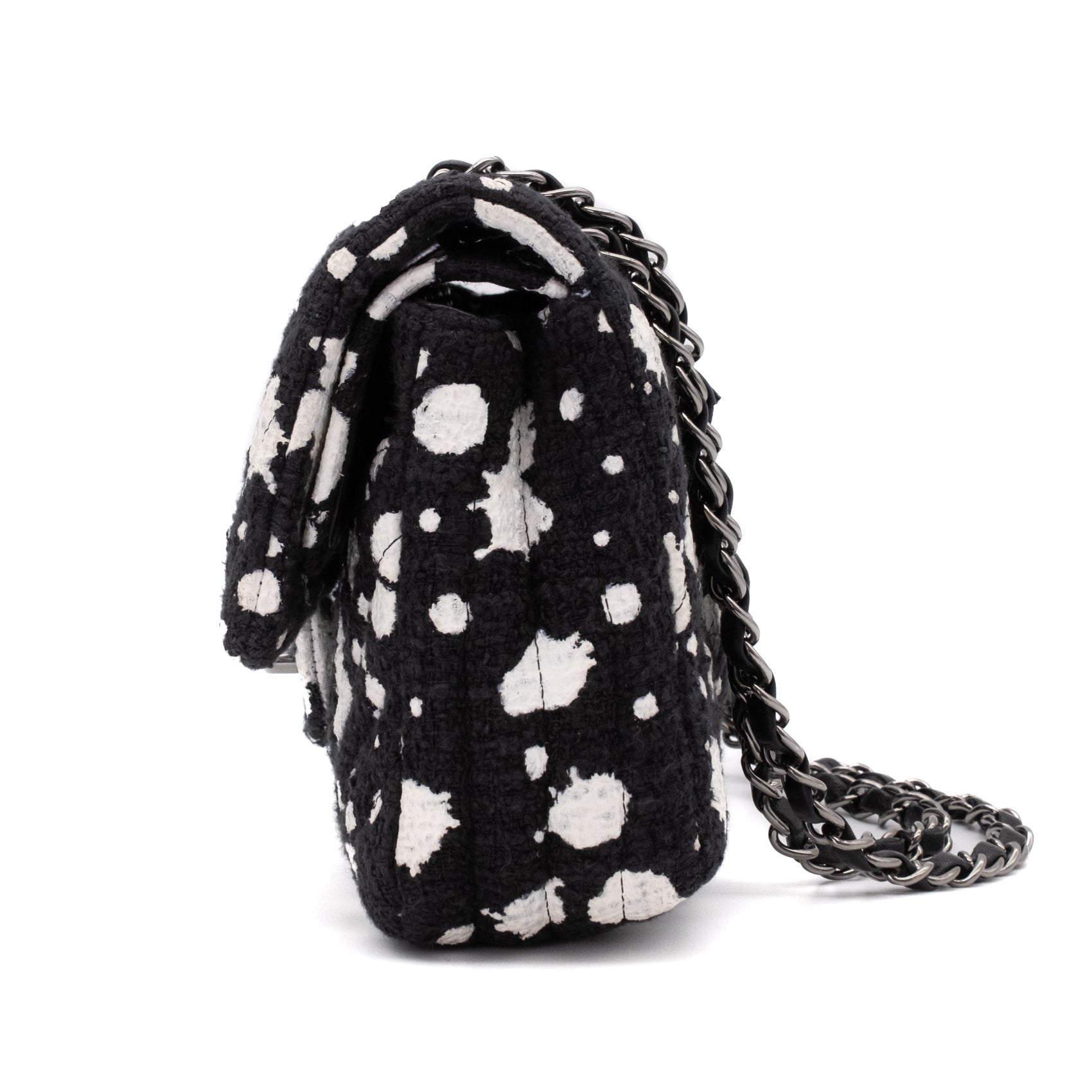 Chanel Classic Double Flap Medium Chevron Tweed Paint Splatter Black White