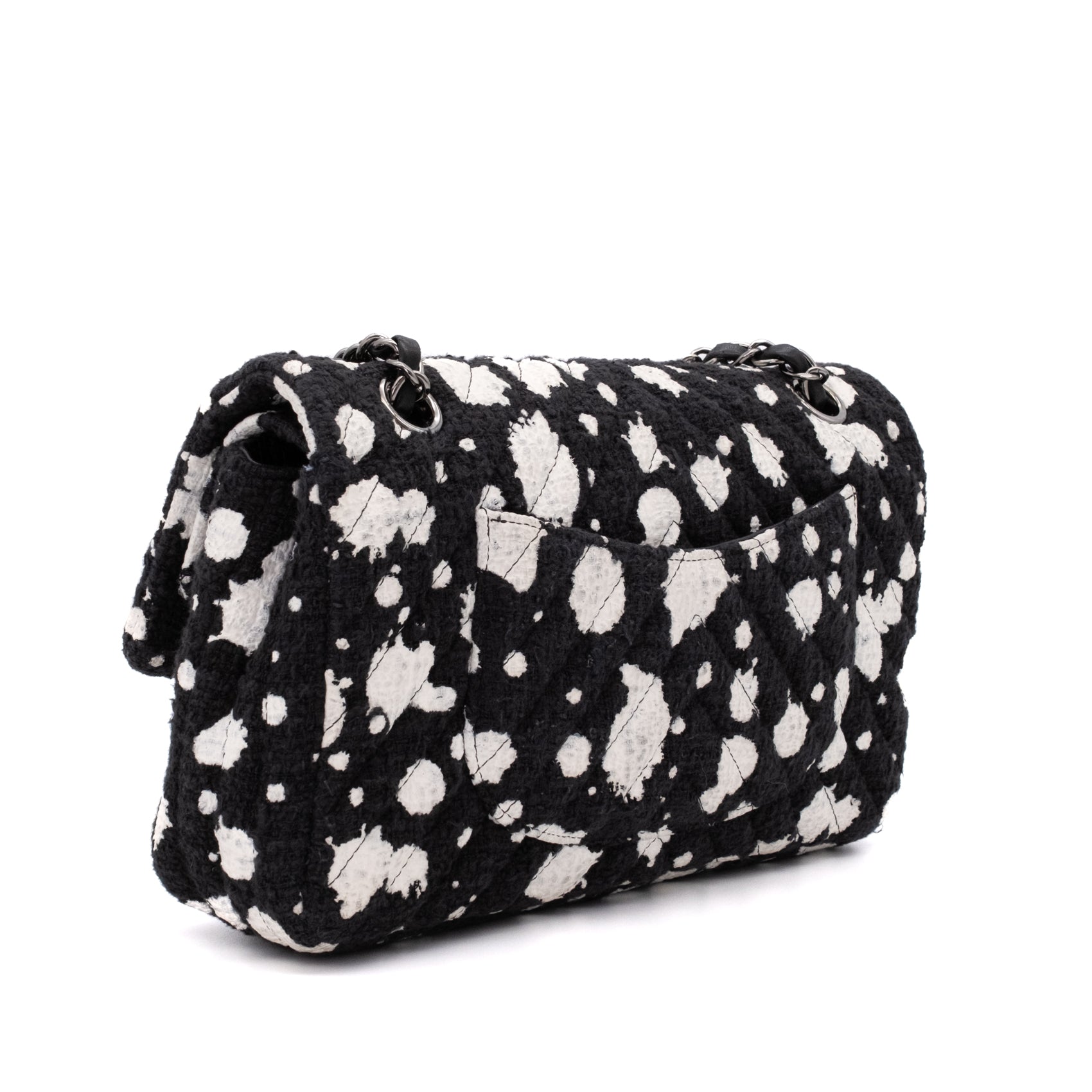 Chanel Classic Double Flap Medium Chevron Tweed Paint Splatter Black White