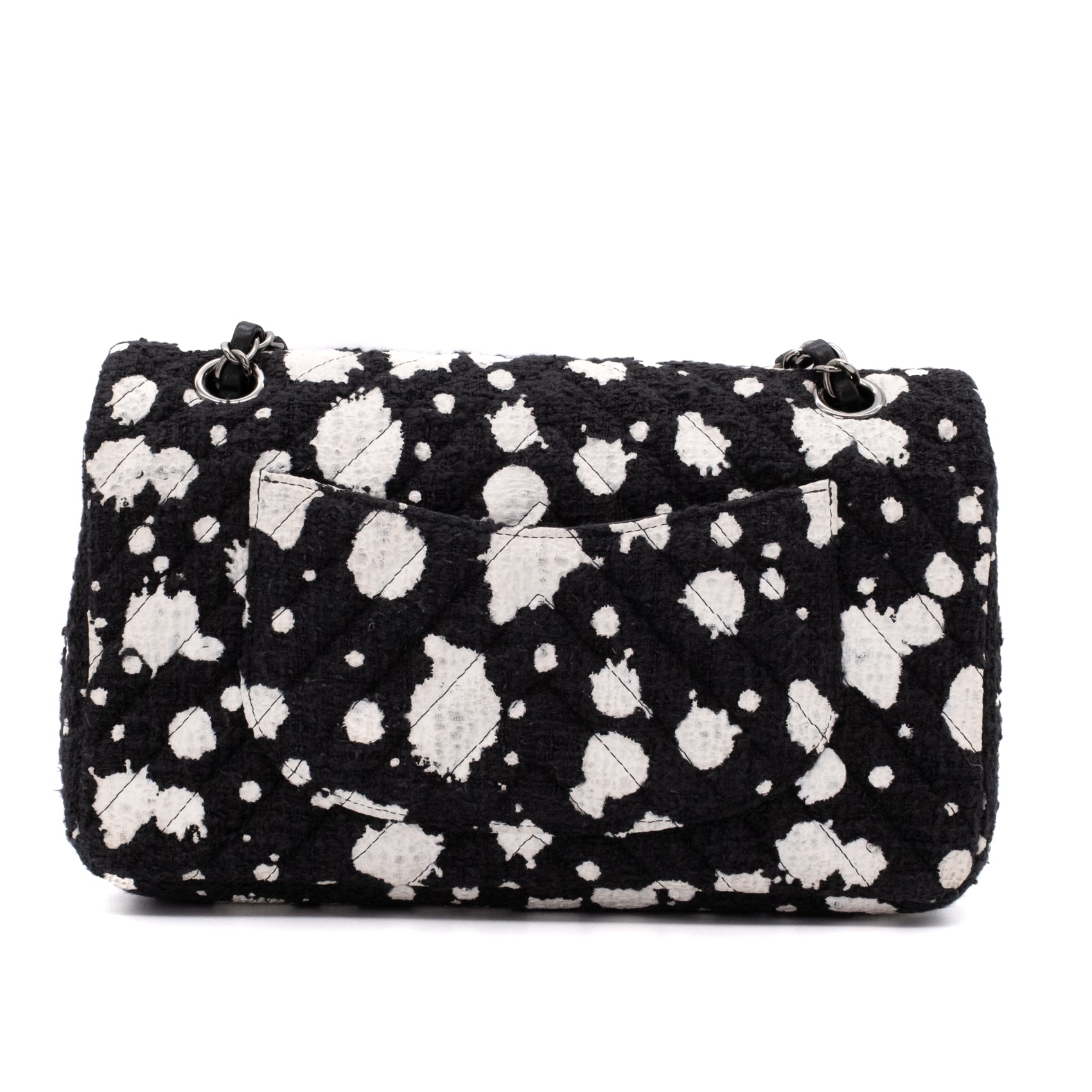 Chanel Classic Double Flap Medium Chevron Tweed Paint Splatter Black White