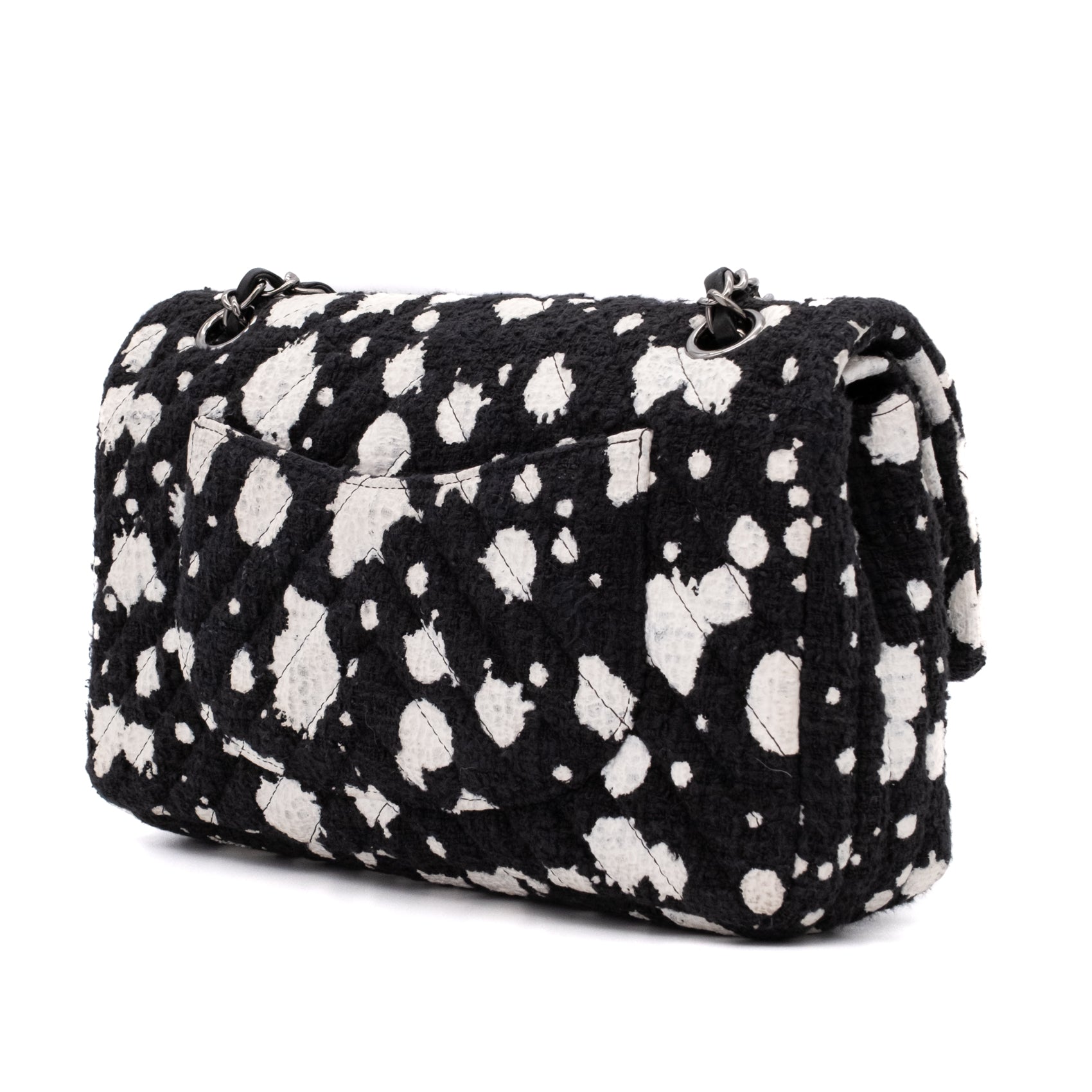 Chanel Classic Double Flap Medium Chevron Tweed Paint Splatter Black White