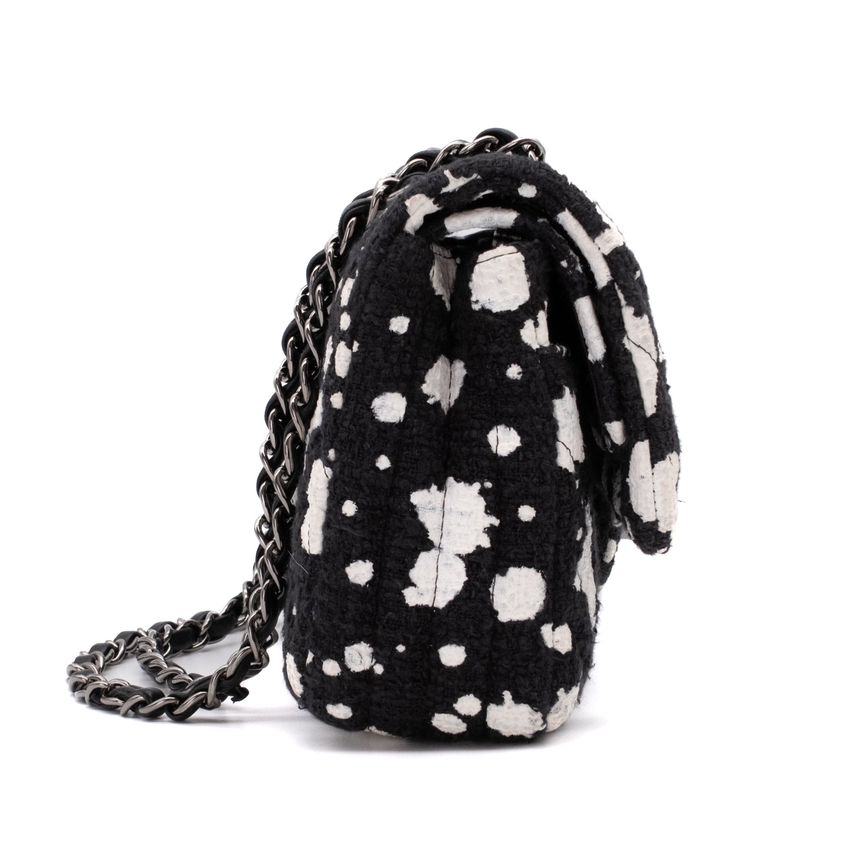 Chanel Classic Double Flap Medium Chevron Tweed Paint Splatter Black White