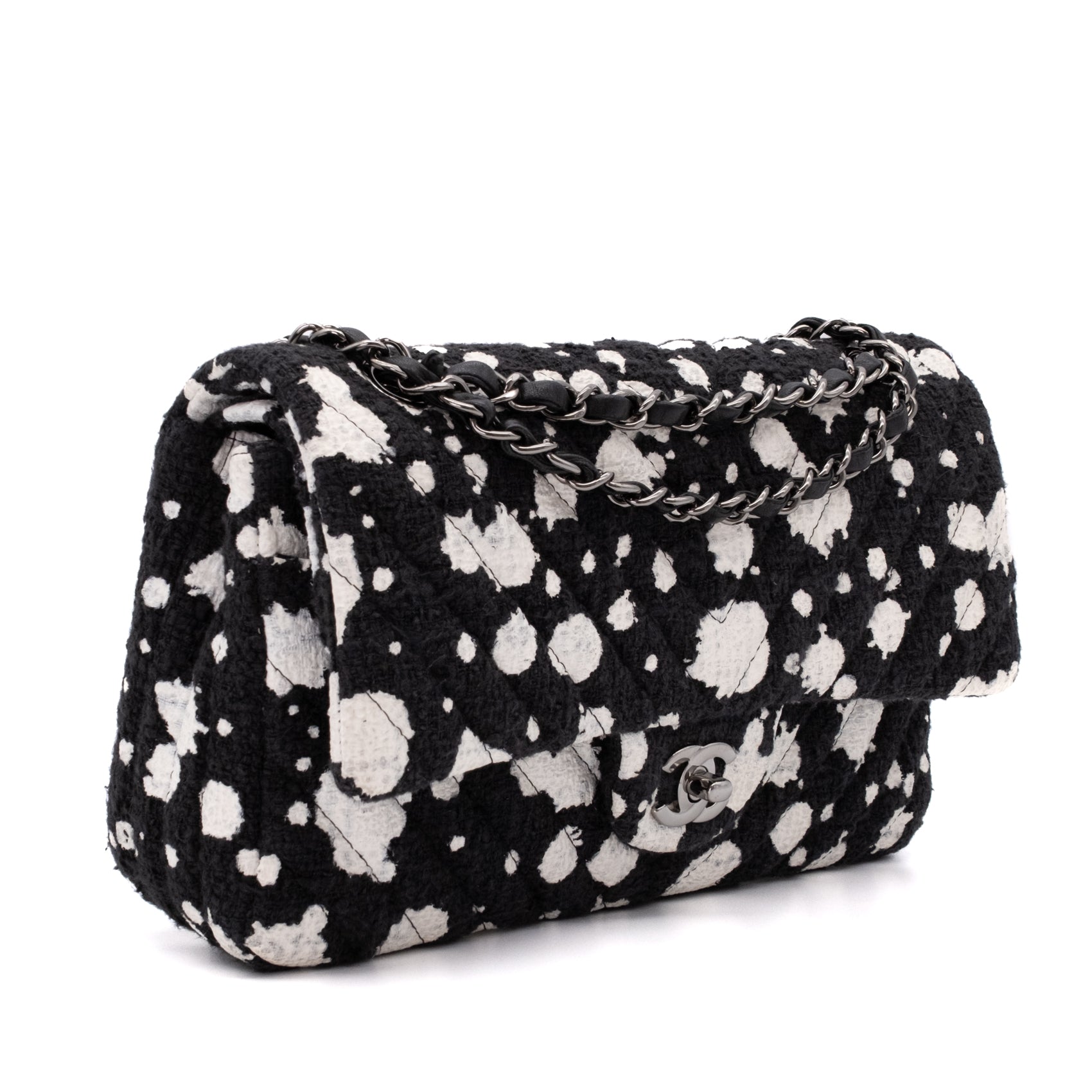 Chanel Classic Double Flap Medium Chevron Tweed Paint Splatter Black White