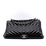 Chanel Classic Single Flap Schultertasche Accordion Chevron Lackleder Schwarz SHW