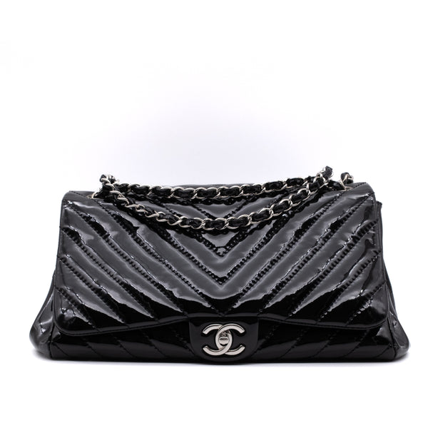 Chanel Classic Single Flap Schultertasche Accordion Chevron Lackleder Schwarz SHW