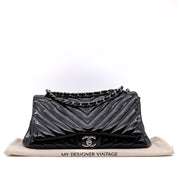 Chanel Classic Single Flap Schultertasche Accordion Chevron Lackleder Schwarz SHW