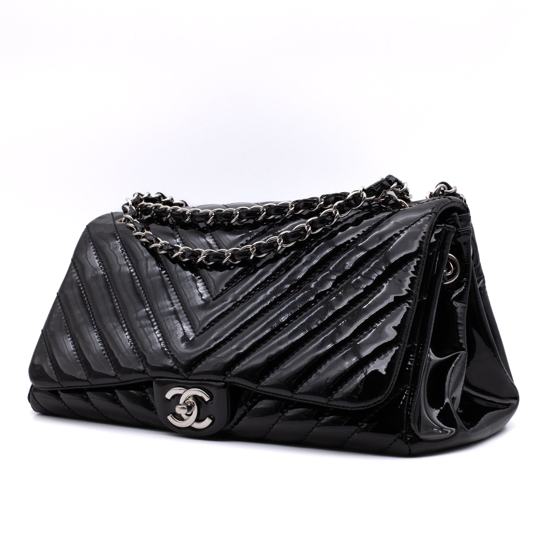 Chanel Classic Single Flap Schultertasche Accordion Chevron Lackleder Schwarz SHW
