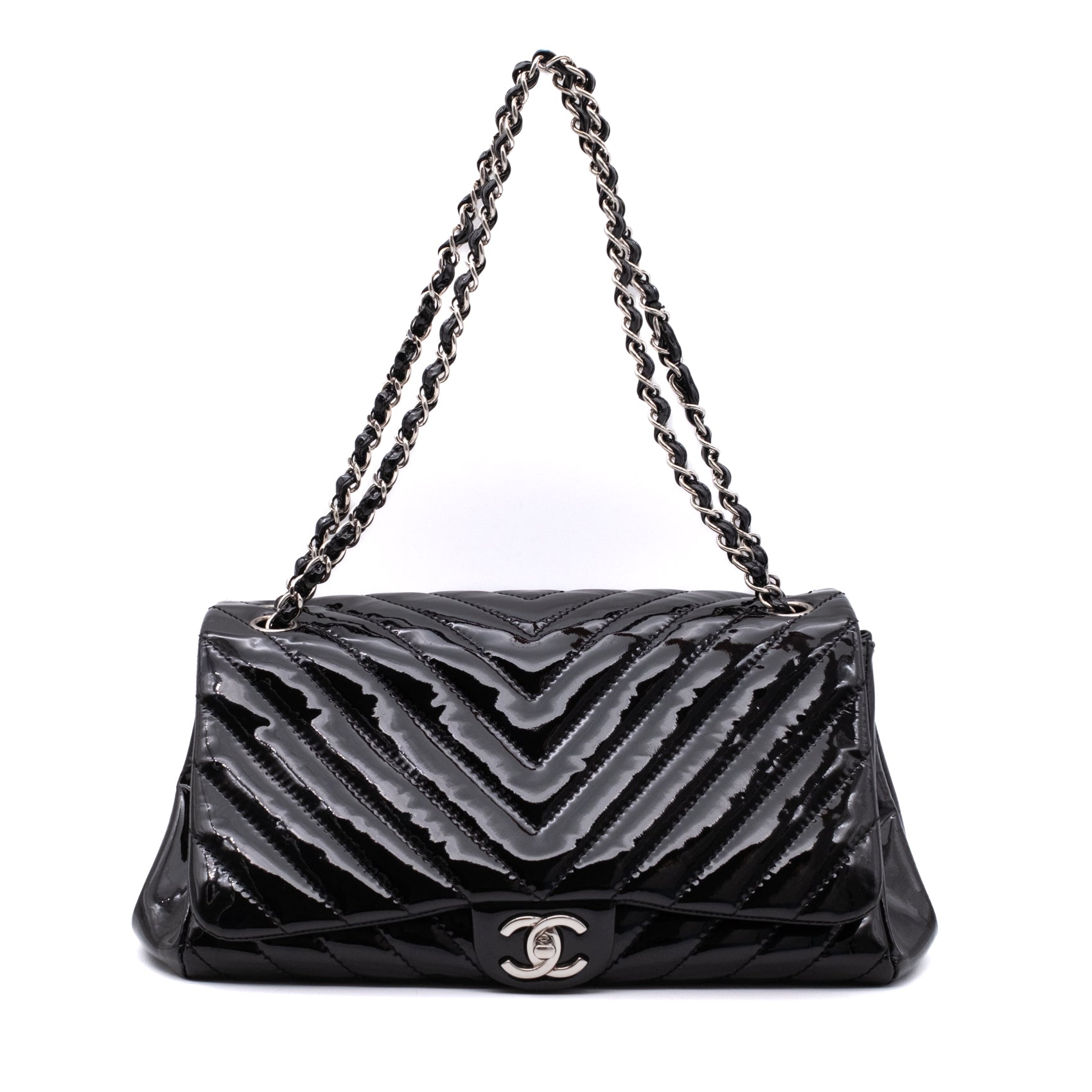 Chanel Classic Single Flap Schultertasche Accordion Chevron Lackleder Schwarz SHW