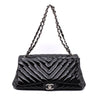 Chanel Classic Single Flap Schultertasche Accordion Chevron Lackleder Schwarz SHW