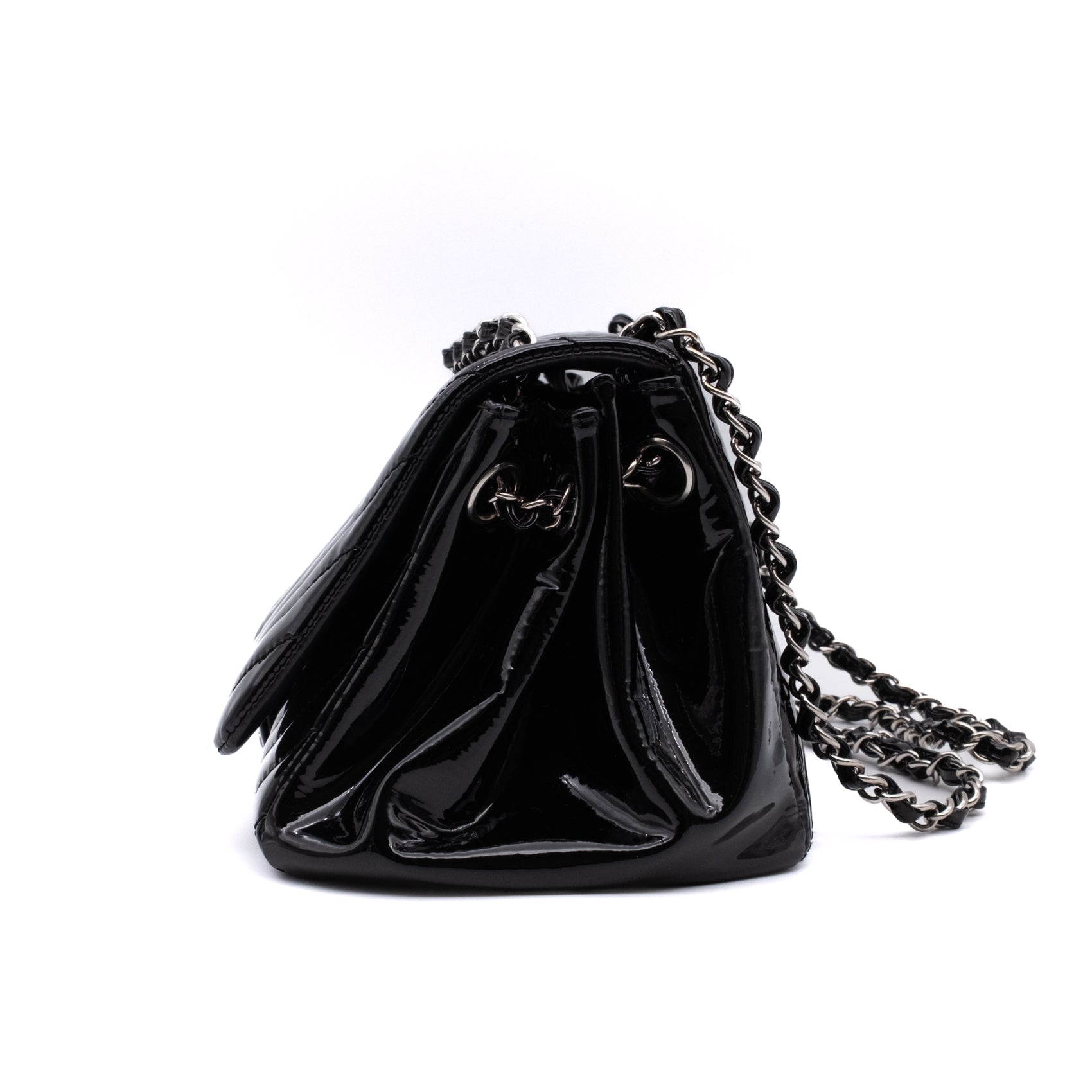 Chanel Classic Single Flap Schultertasche Accordion Chevron Lackleder Schwarz SHW
