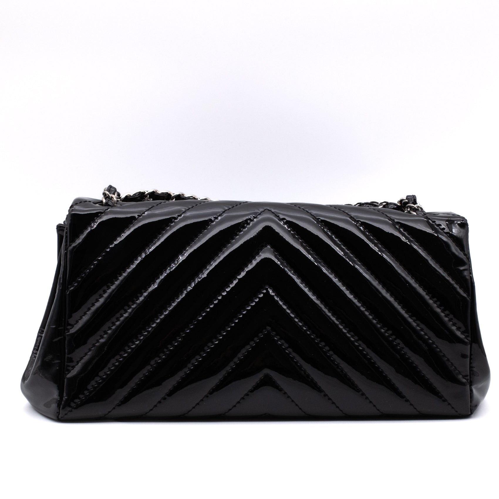 Chanel Classic Single Flap Schultertasche Accordion Chevron Lackleder Schwarz SHW