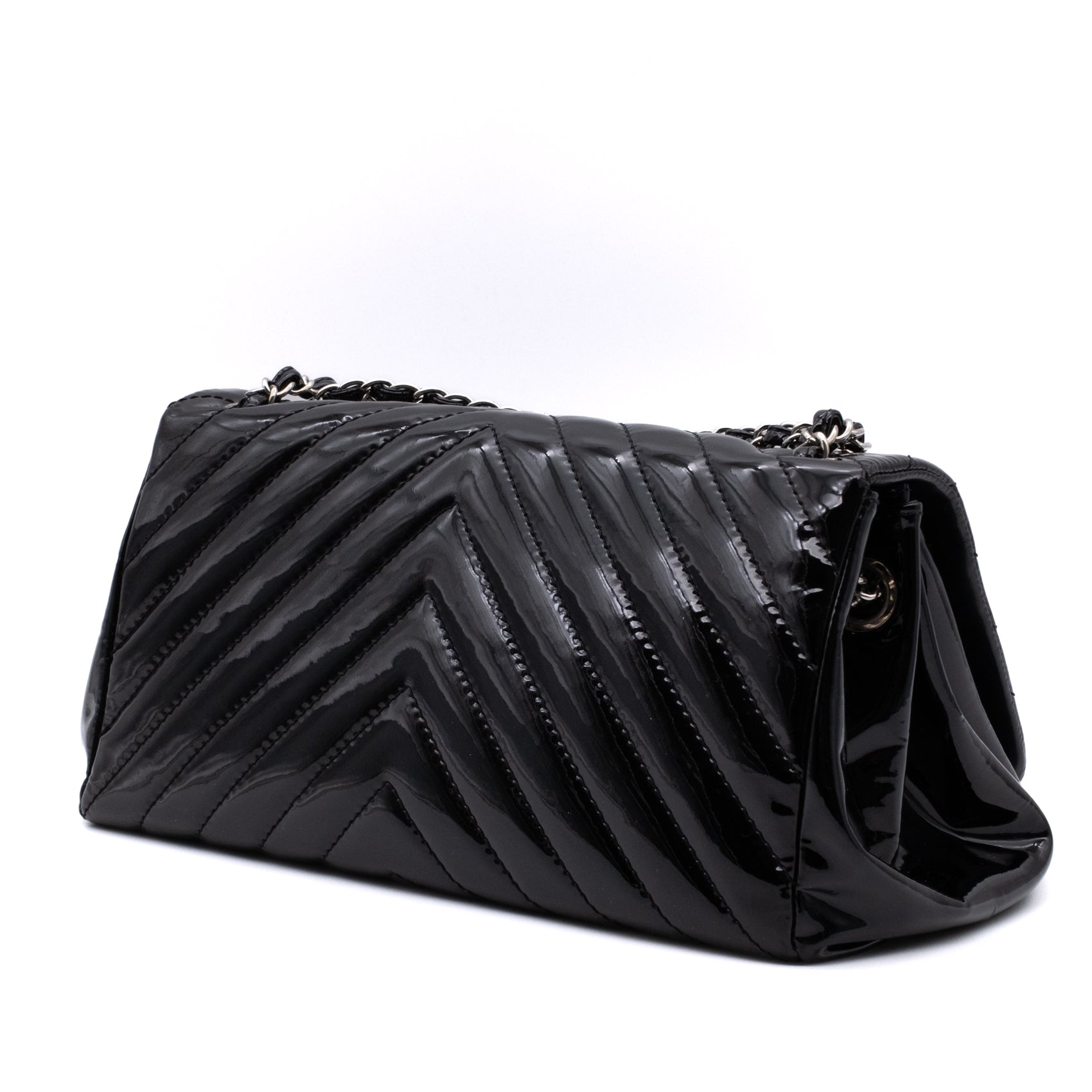 Chanel Classic Single Flap Schultertasche Accordion Chevron Lackleder Schwarz SHW