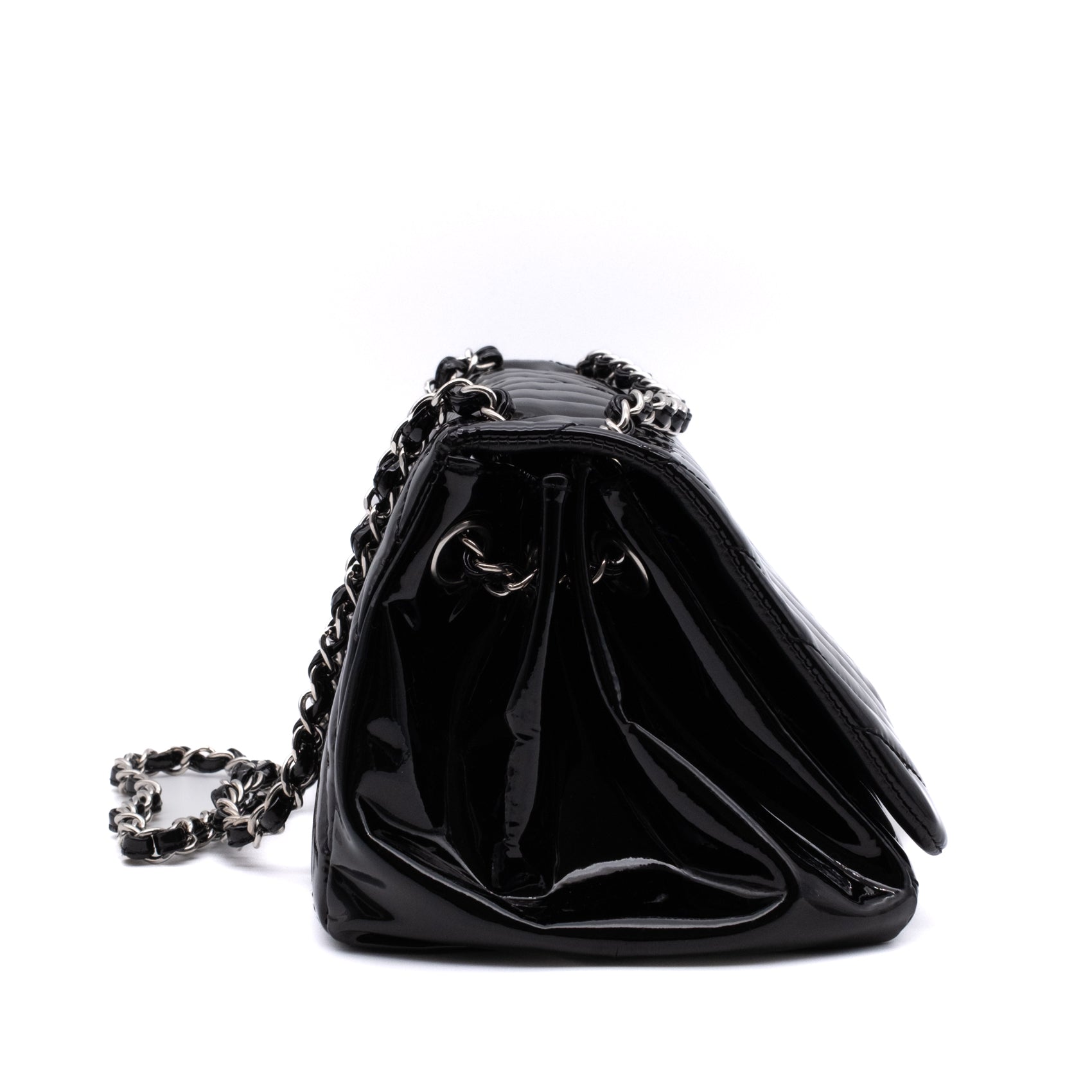 Chanel Classic Single Flap Schultertasche Accordion Chevron Lackleder Schwarz SHW