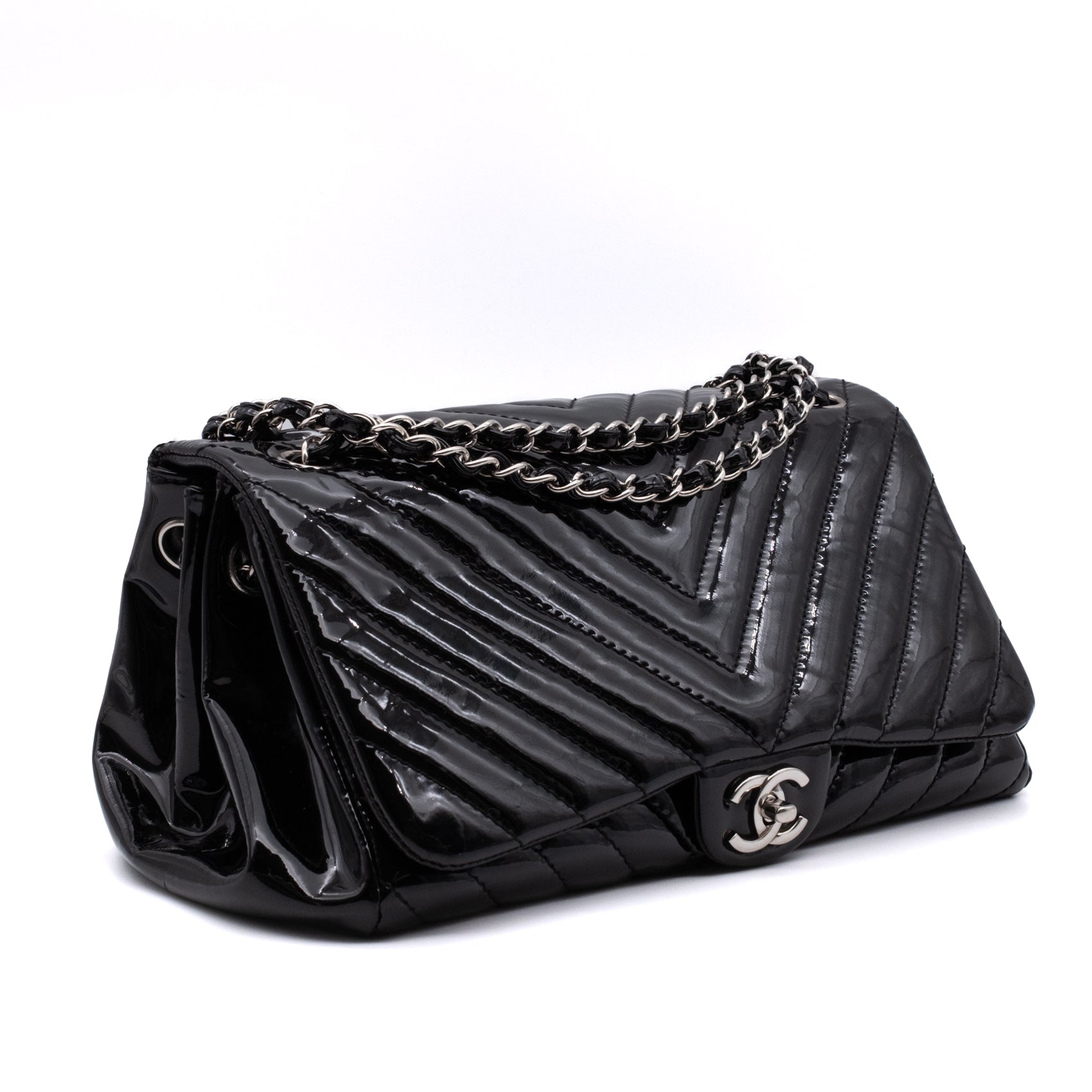 Chanel Classic Single Flap Schultertasche Accordion Chevron Lackleder Schwarz SHW