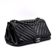 Chanel Classic Single Flap Schultertasche Accordion Chevron Lackleder Schwarz SHW