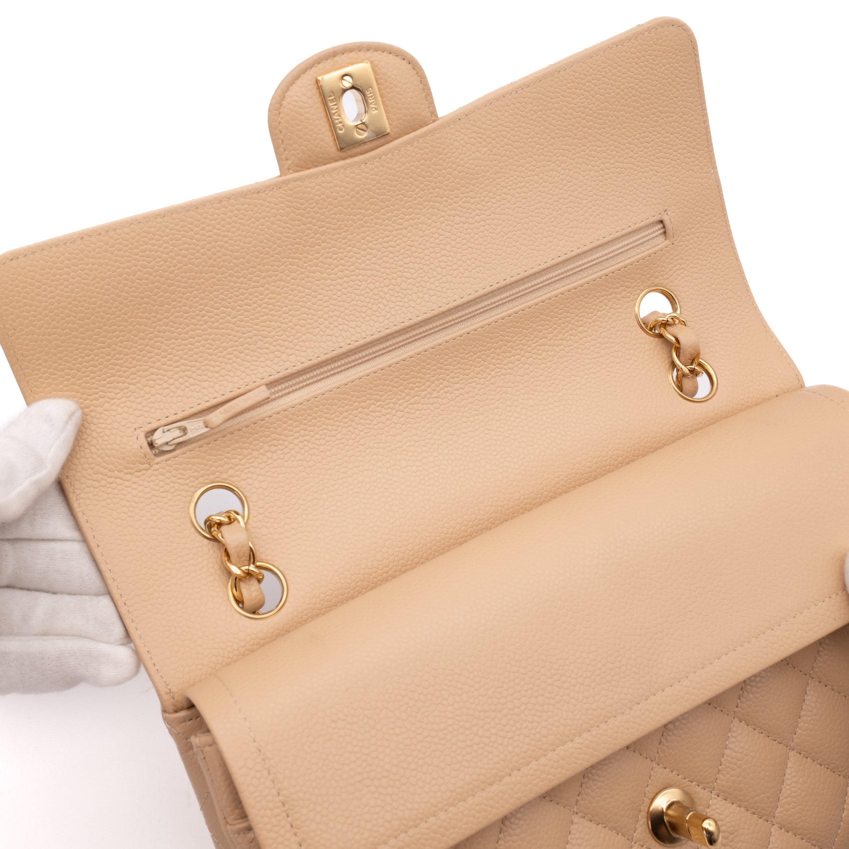 Chanel Classic Double Flap Bag Medium Caviarleder Beige GHW
