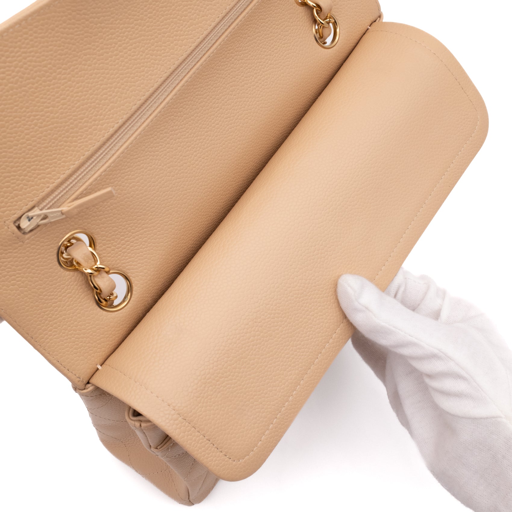 Chanel Classic Double Flap Bag Medium Caviarleder Beige GHW