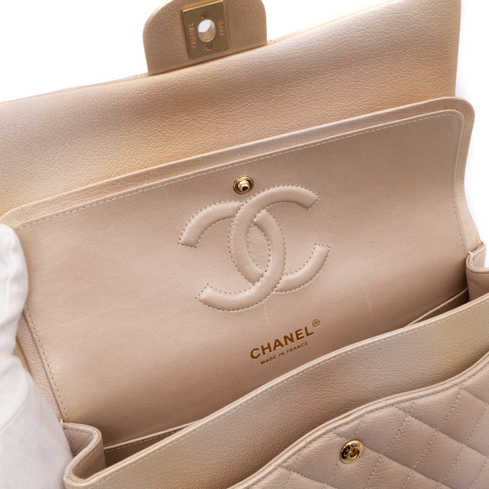 Chanel Classic Double Flap 22C Medium Goatskin Iridescent Beige Gold Cloudy Metallic Ombre GHW Matt