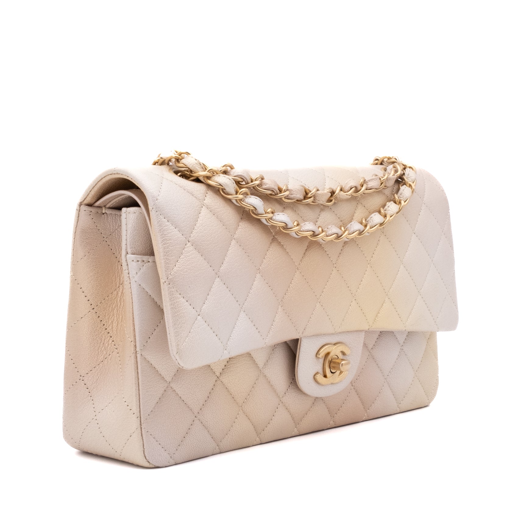 Chanel Classic Double Flap 22C Medium Goatskin Iridescent Beige Gold Cloudy Metallic Ombre GHW Matt