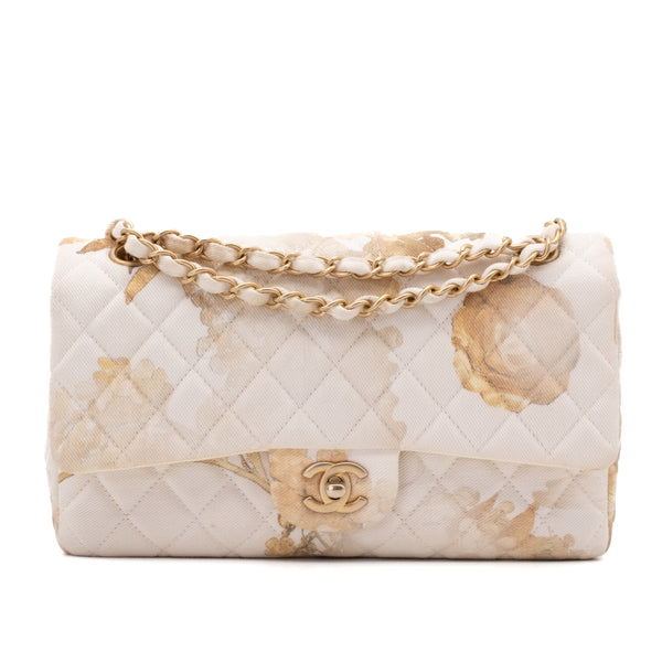 Chanel Double Flap Bag Medium Denim Beige Off-White Blumenmuster GHW Matt