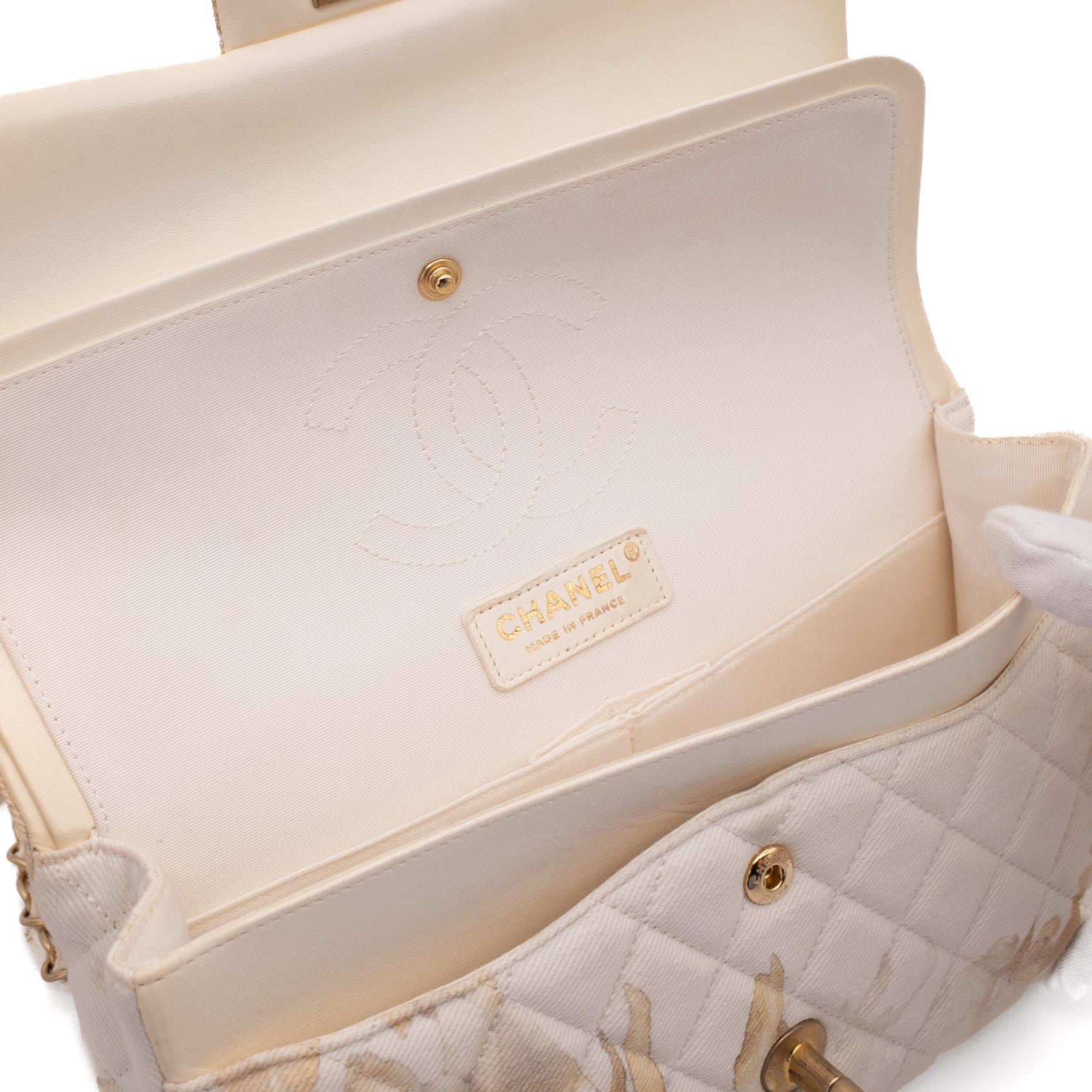 Chanel Double Flap Bag Medium Denim Beige Off-White Blumenmuster GHW Matt
