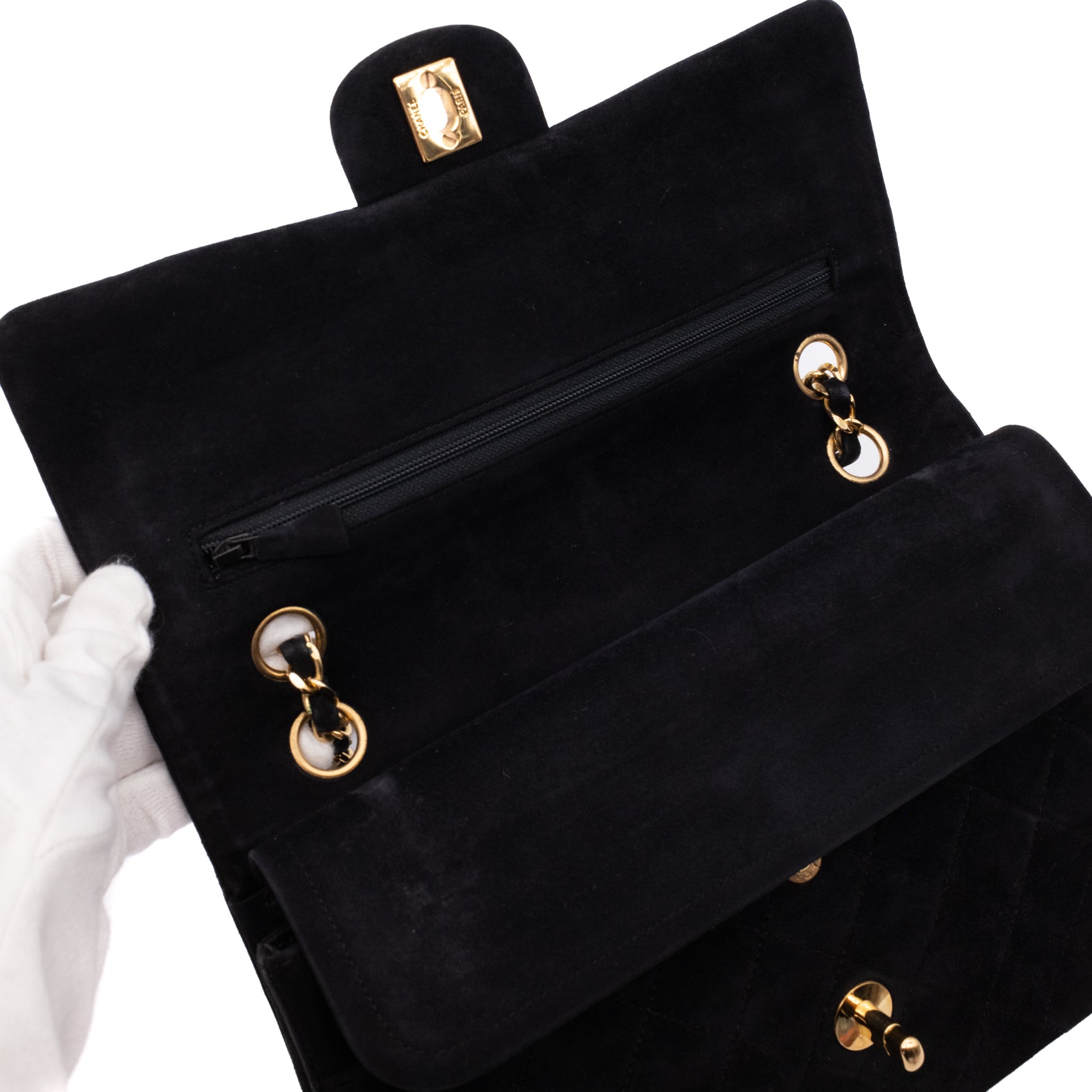 Chanel Classic Double Flap Bag Medium Velourleder Schwarz 24k GHW