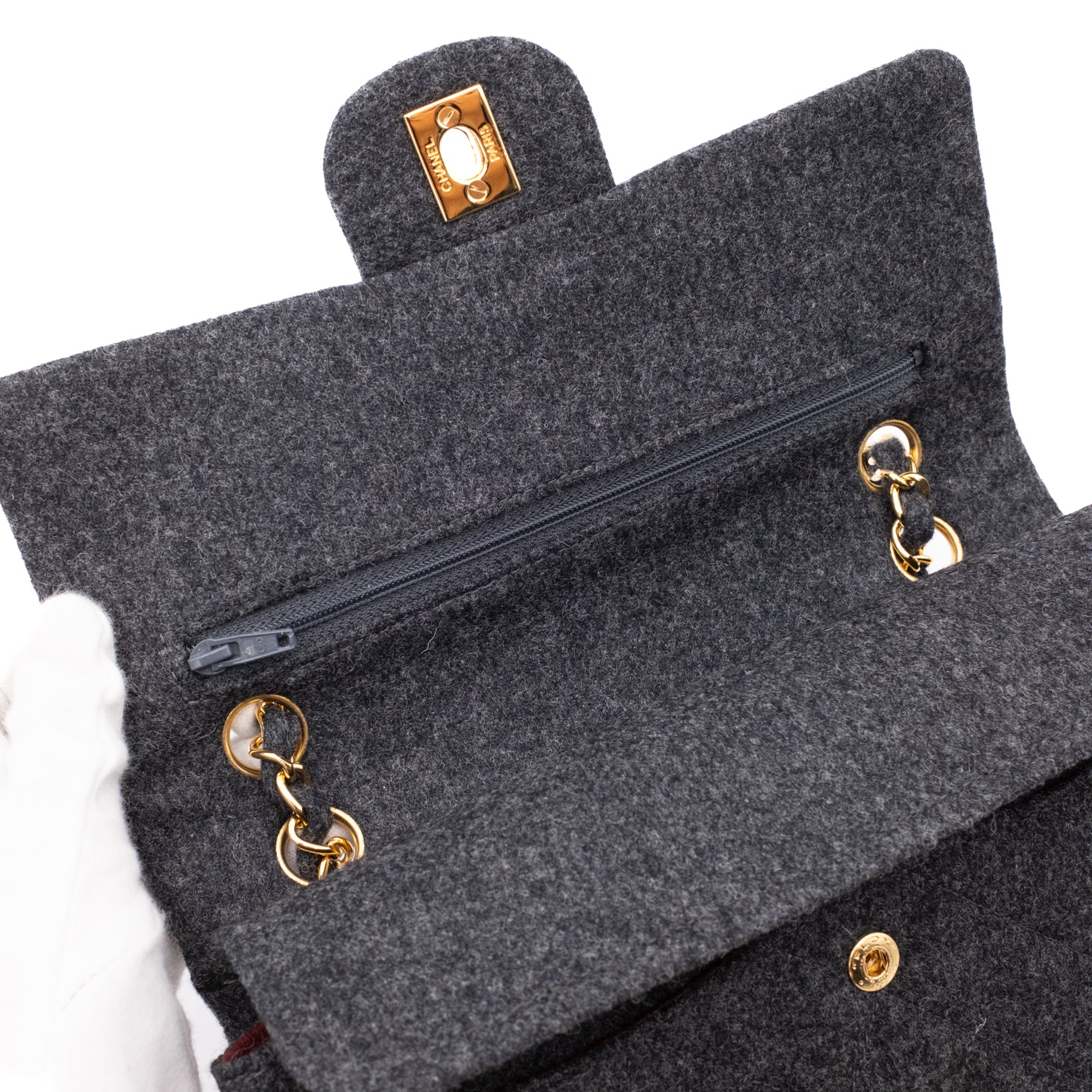 Chanel Double Flap Small Wolle Grau 24k GHW