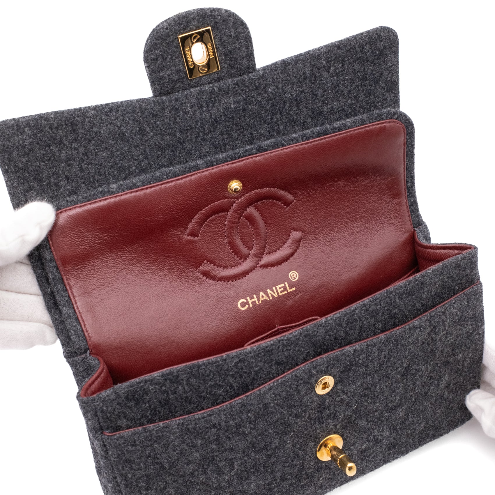 Chanel Double Flap Small Wolle Grau 24k GHW