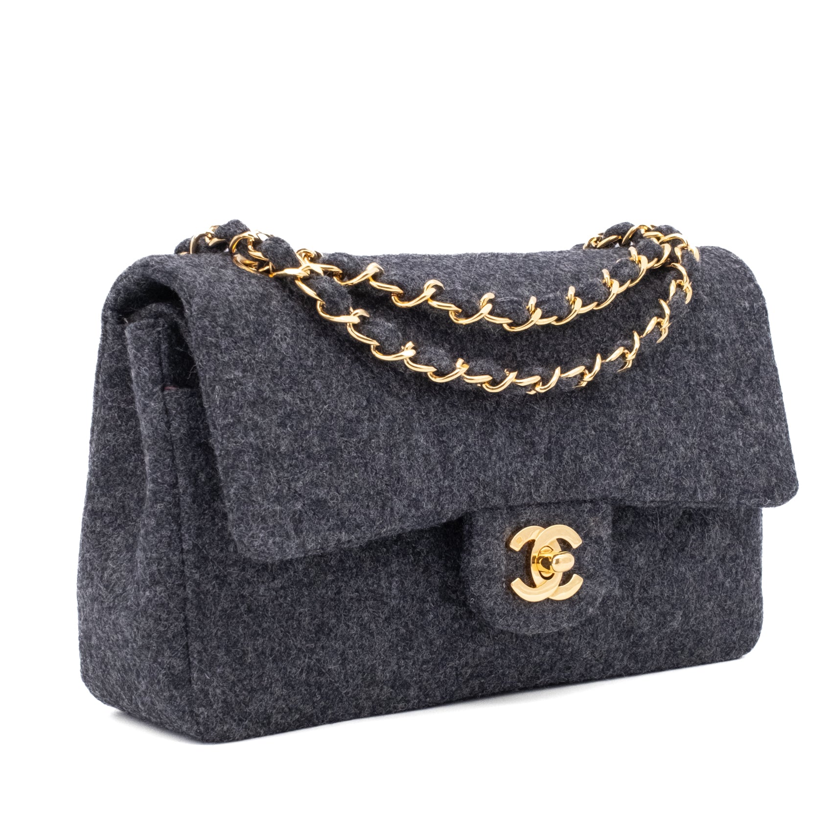 Chanel Double Flap Small Wolle Grau 24k GHW
