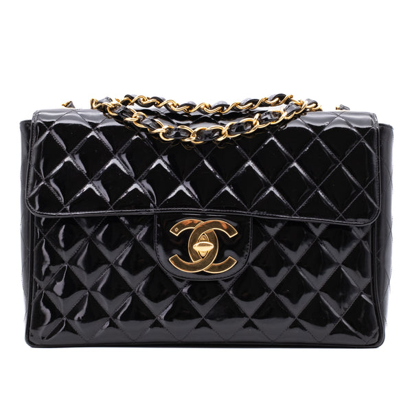 Chanel Classic Single Flap Jumbo XL Lackleder Schwarz GHW 24k