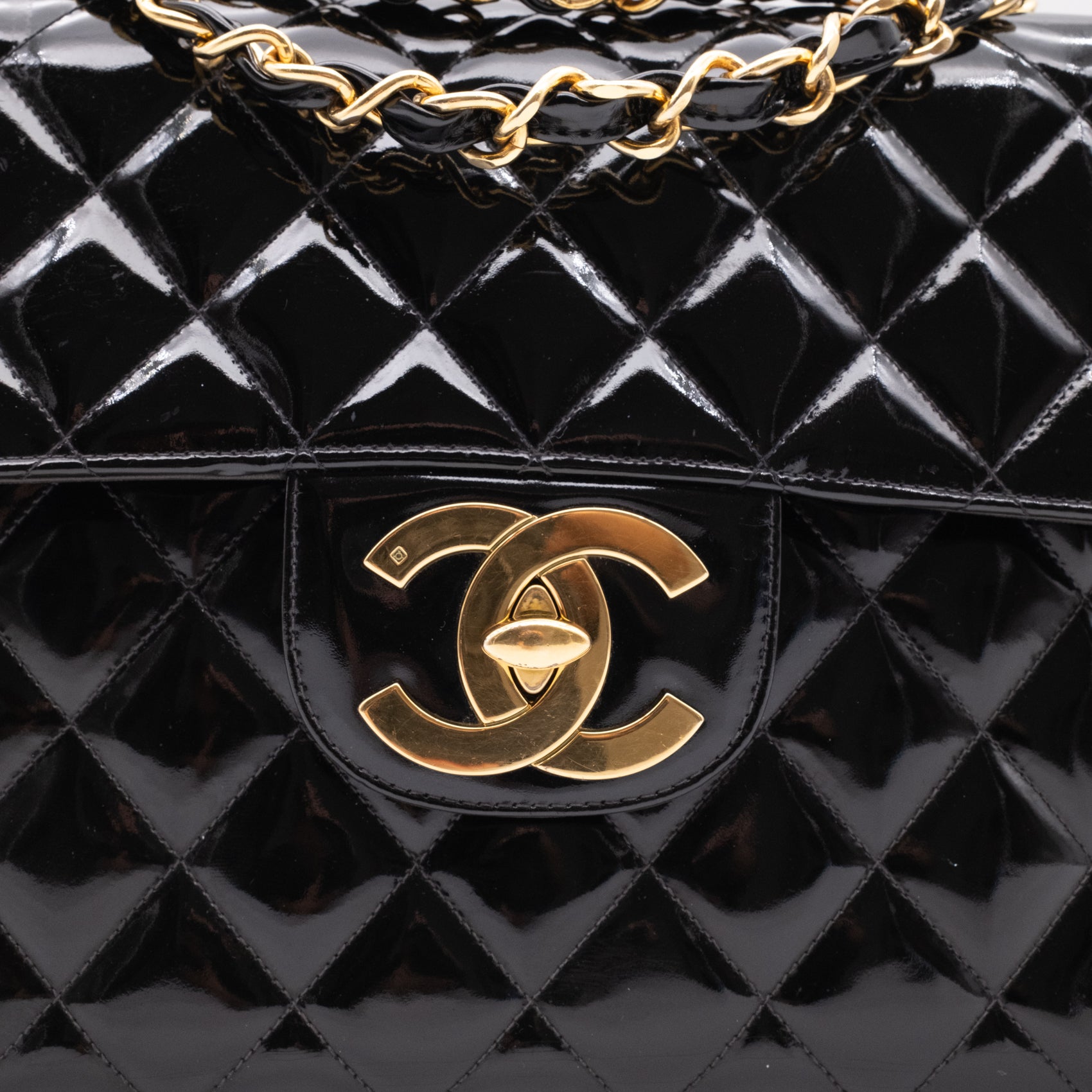 Chanel Classic Single Flap Jumbo XL Lackleder Schwarz GHW 24k