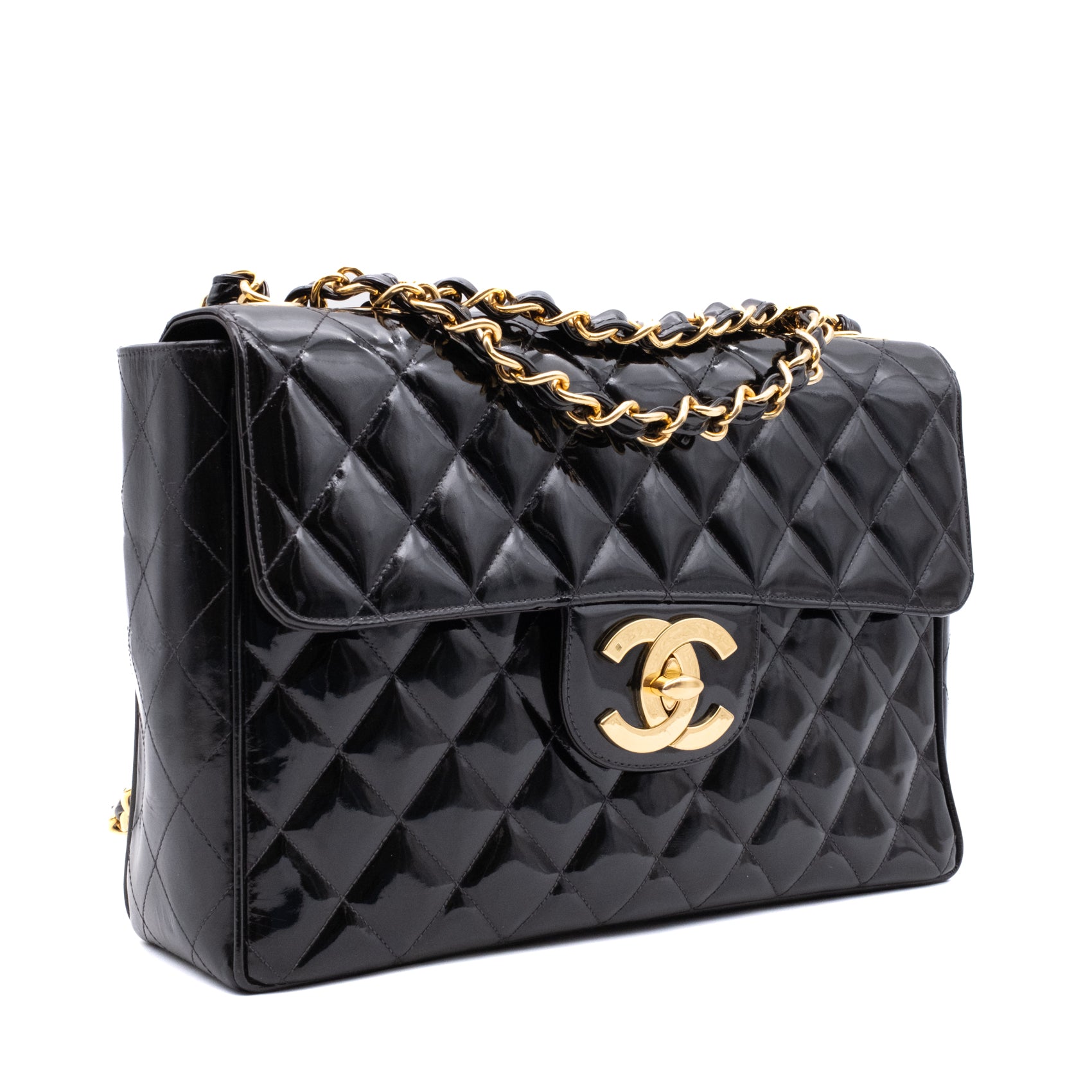 Chanel Classic Single Flap Jumbo XL Lackleder Schwarz GHW 24k
