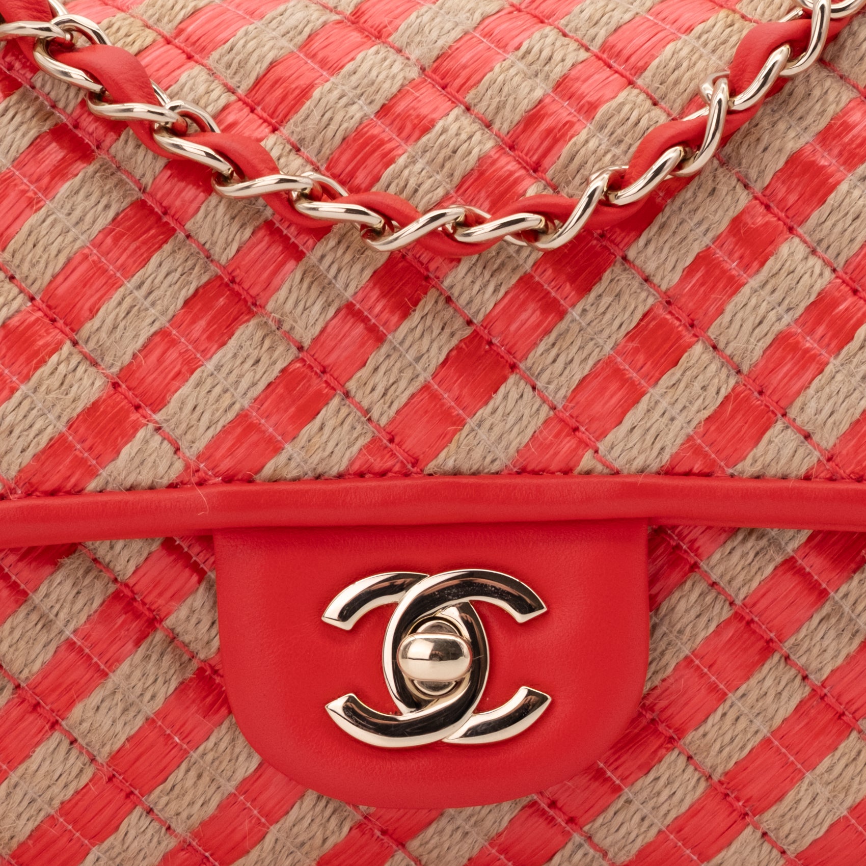 Chanel Single Flap Mini Rectangle Small 21P Raffia Stroh Korall Rot GHW