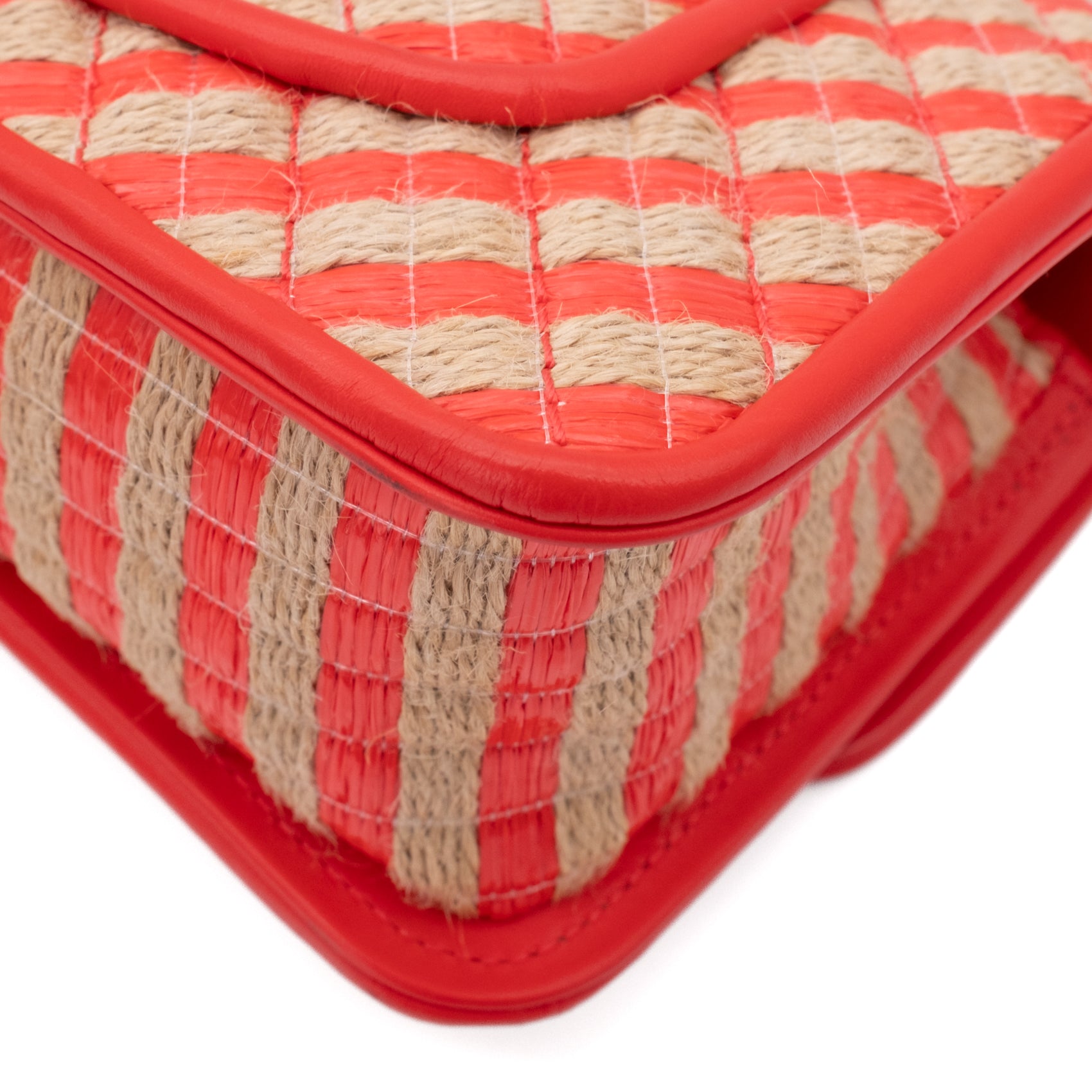 Chanel Single Flap Mini Rectangle Small 21P Raffia Stroh Korall Rot GHW