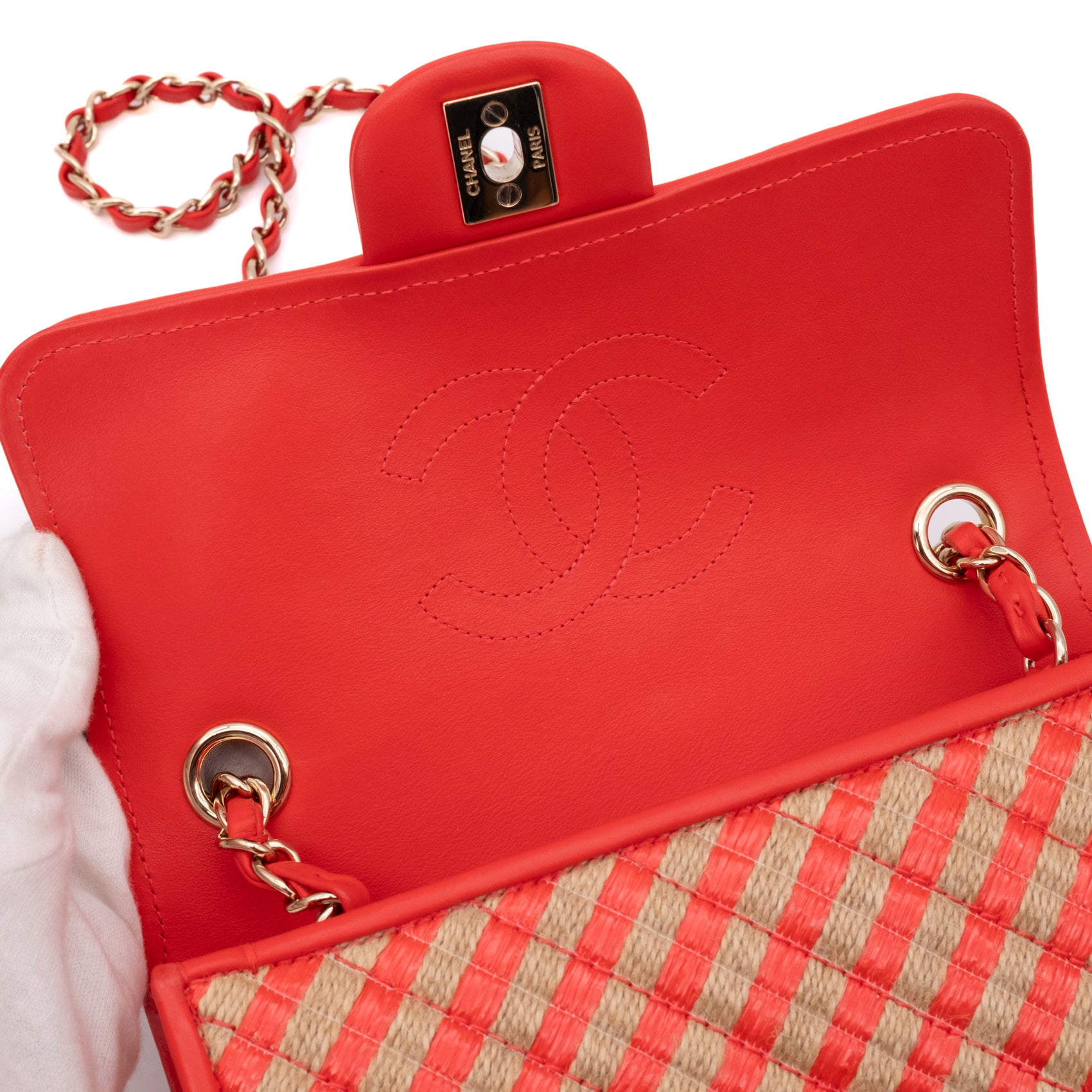 Chanel Single Flap Mini Rectangle Small 21P Raffia Stroh Korall Rot GHW