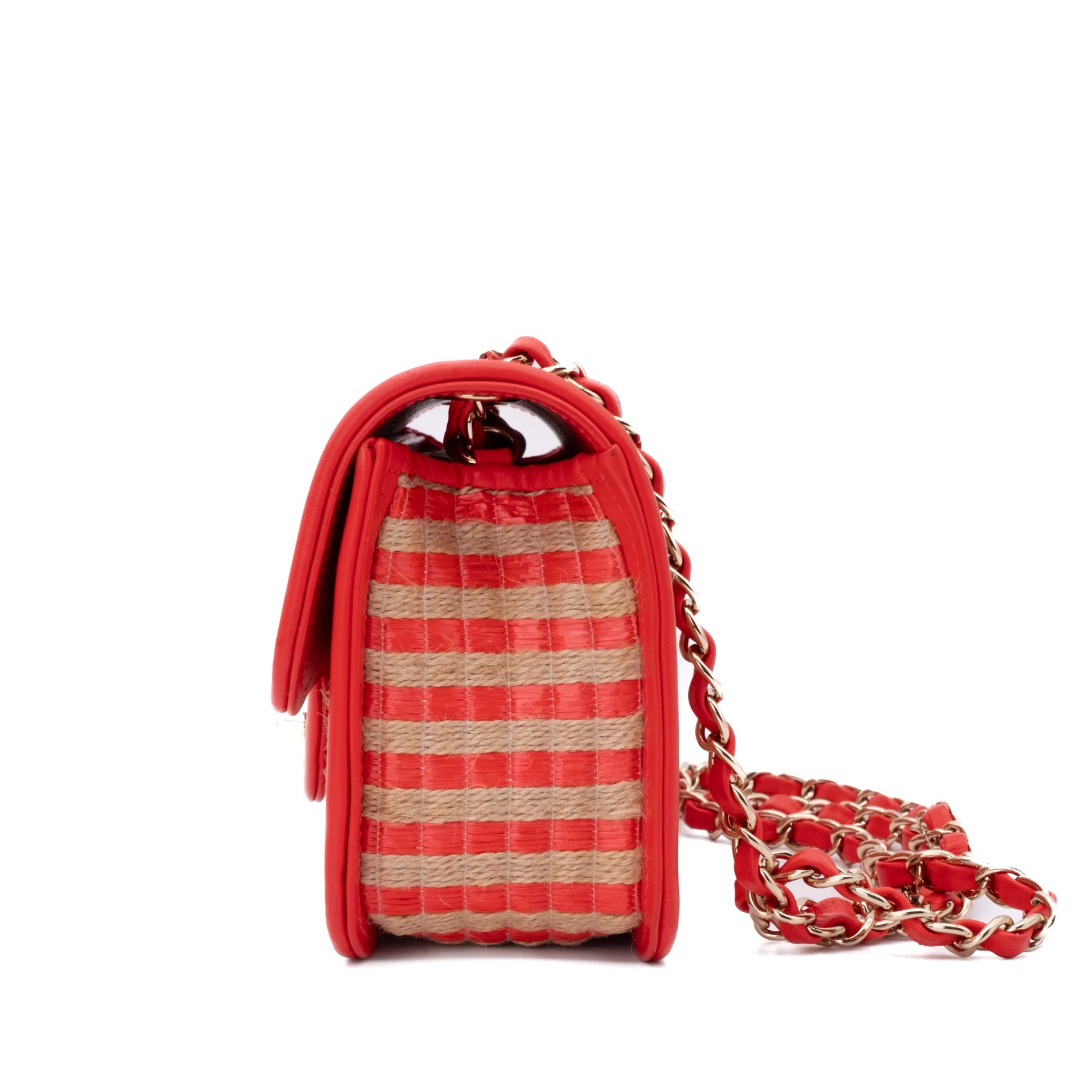 Chanel Single Flap Mini Rectangle Small 21P Raffia Stroh Korall Rot GHW