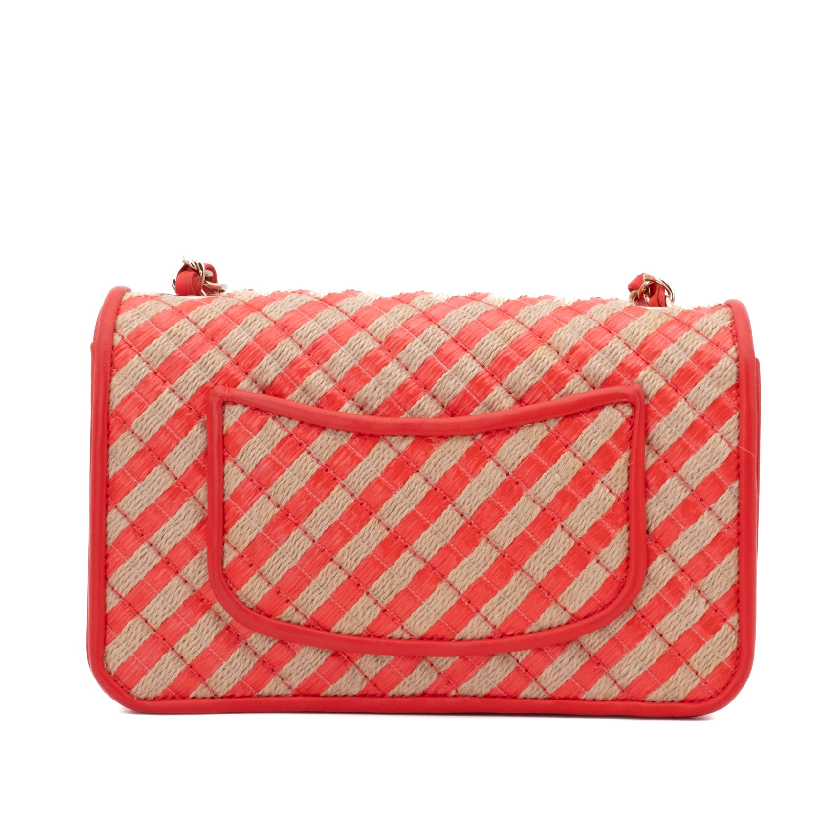 Chanel Single Flap Mini Rectangle Small 21P Raffia Stroh Korall Rot GHW