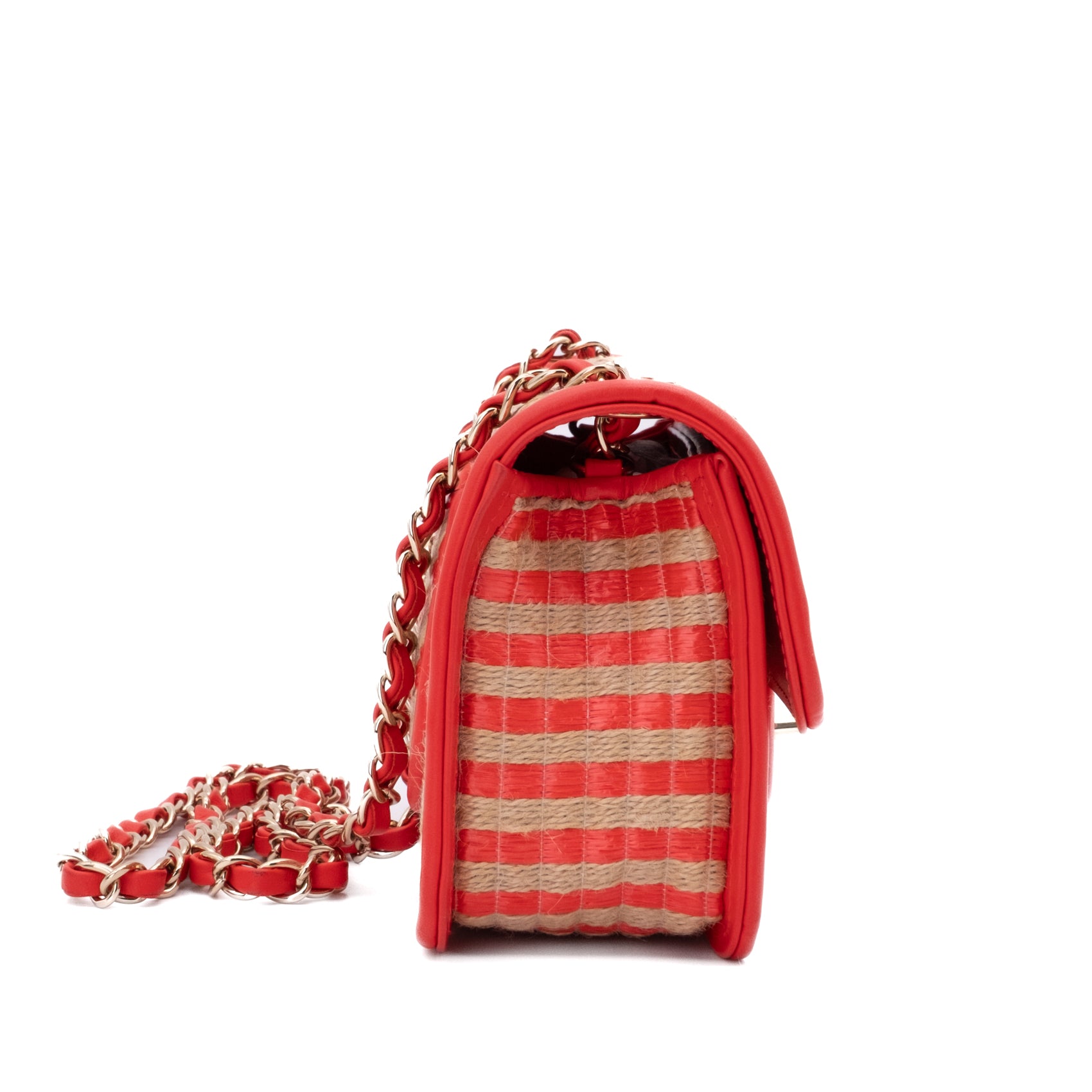 Chanel Single Flap Mini Rectangle Small 21P Raffia Stroh Korall Rot GHW