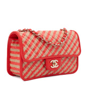 Chanel Single Flap Mini Rectangle Small 21P Raffia Stroh Korall Rot GHW